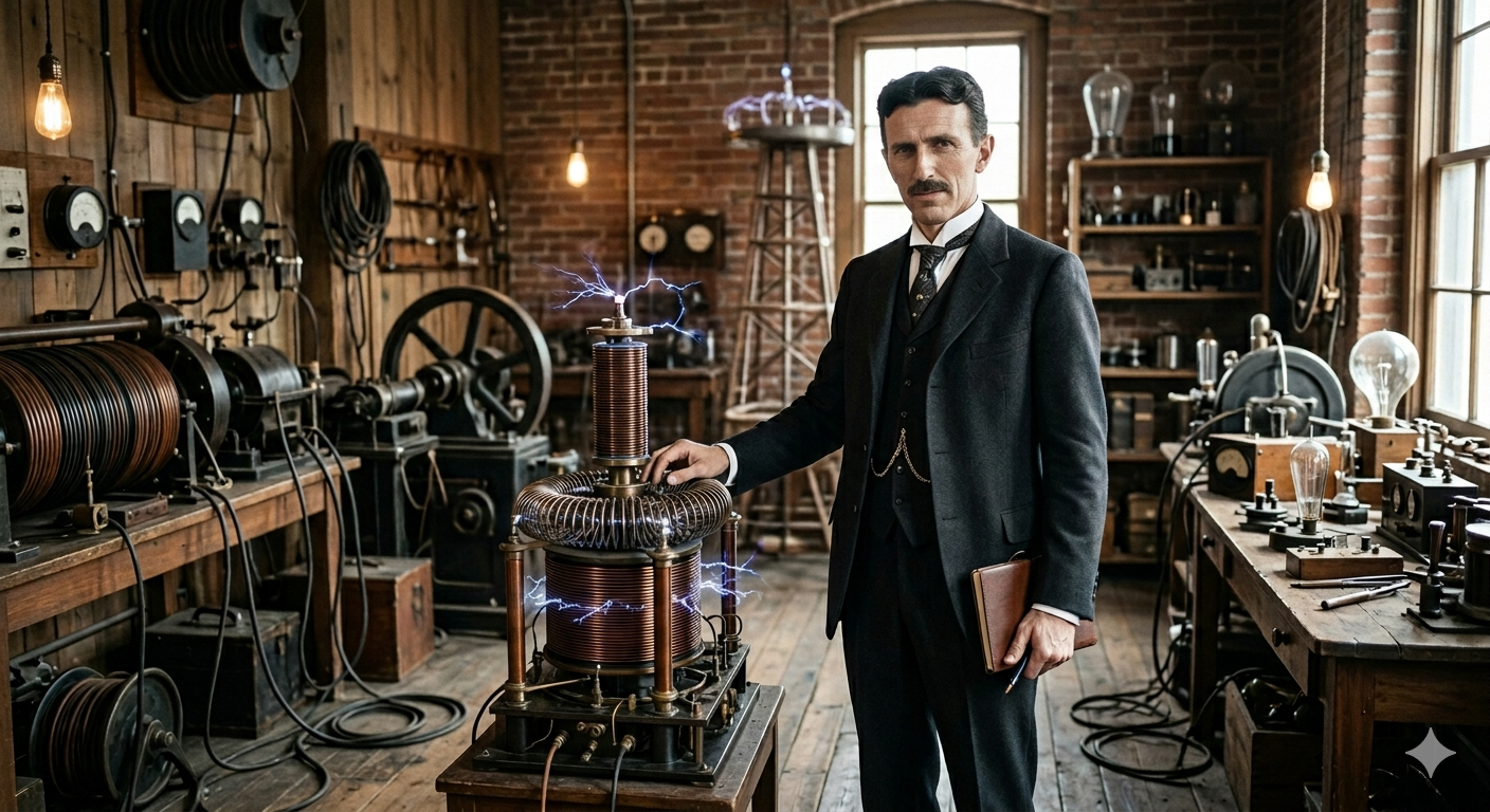 Un inventor en un taller de estilo vintage con una bobina de Tesla que produce chispas eléctricas, rodeado de antiguos aparatos eléctricos y muebles de madera.