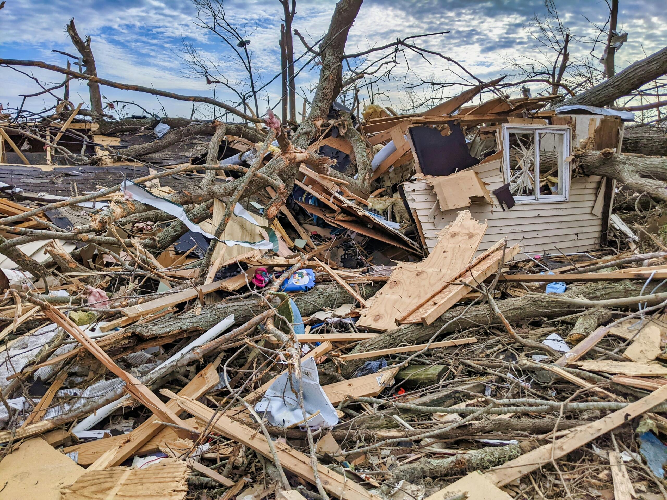 Restos de árboles caídos y fragmentos de casas de madera esparcidos bajo un cielo nublado tras una catástrofe natural.