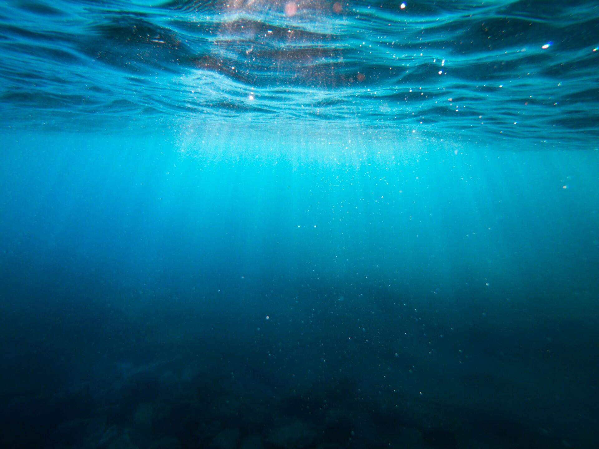 Vista submarina en la que la luz del sol se filtra a través del agua azul y cristalina, creando una atmósfera serena y tranquila. Suaves rayos de luz iluminan las partículas que flotan en el agua.