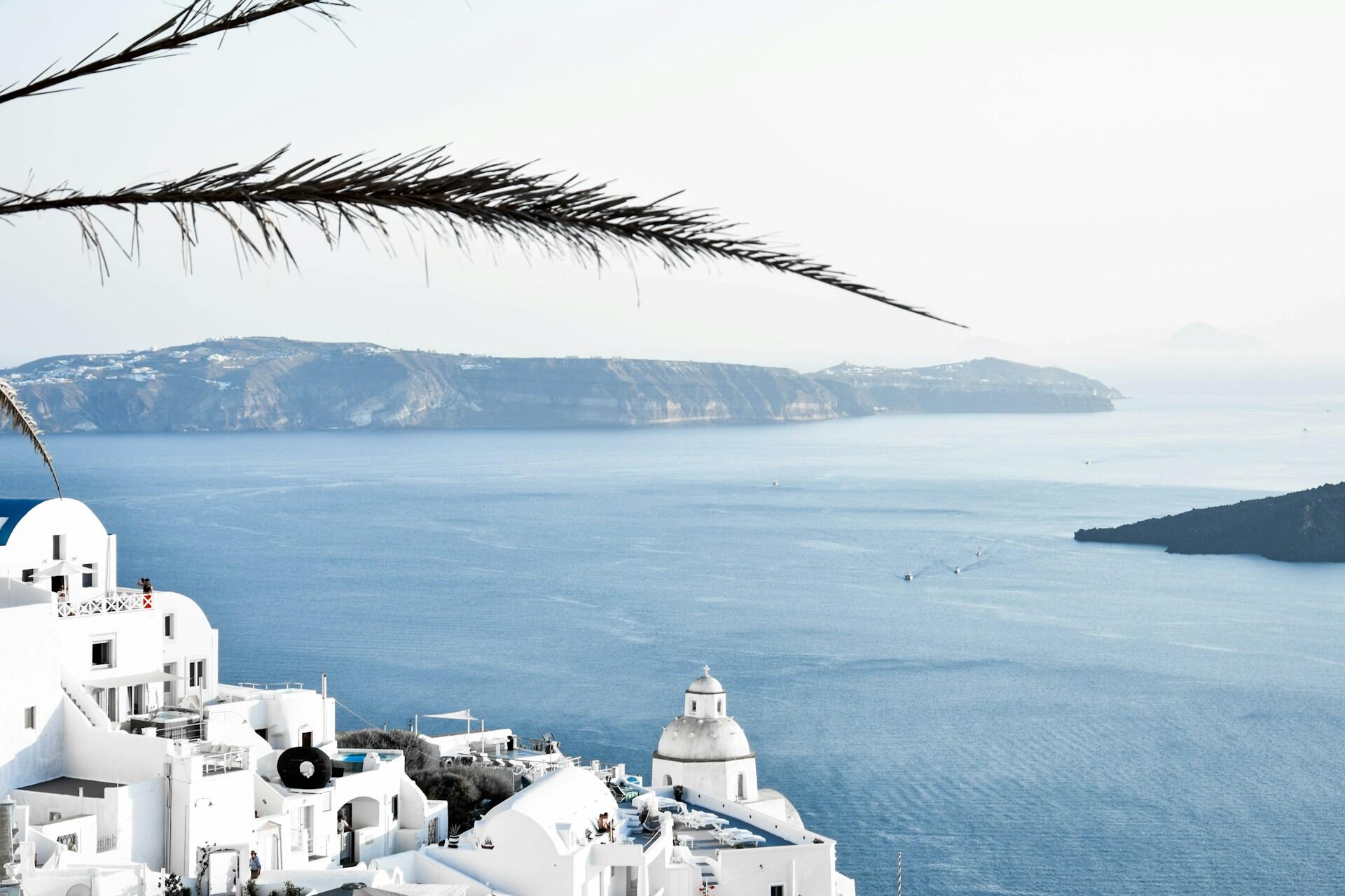 Una vista serena de edificios blancos con cúpulas que dan al tranquilo mar azul de Santorini, Grecia. Una hoja de palmera se arquea por encima, aportando tranquilidad.