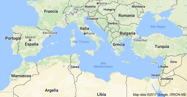 Mapa de la región mediterránea en el que aparecen países como España, Francia, Italia, Grecia y Turquía, con las principales ciudades, como Roma y Madrid, indicadas.