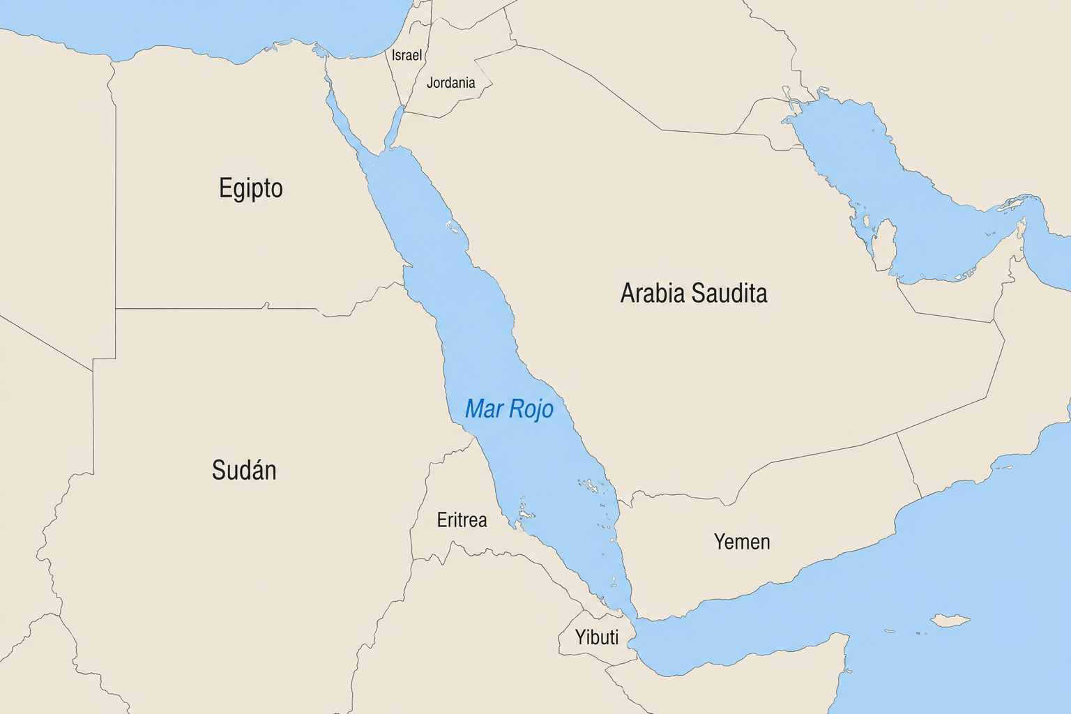 Mapa en el que se muestra el Mar Rojo, con Egipto y Sudán al oeste, y Arabia Saudí, Yemen, Eritrea y Yibuti al este. Se indican los lugares más importantes.