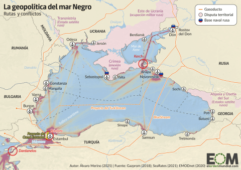 Mapa que ilustra la geopolítica del Mar Negro, en el que se muestran los gasoductos, las disputas territoriales y las bases navales rusas. Destaca los puertos clave y las zonas de conflicto.