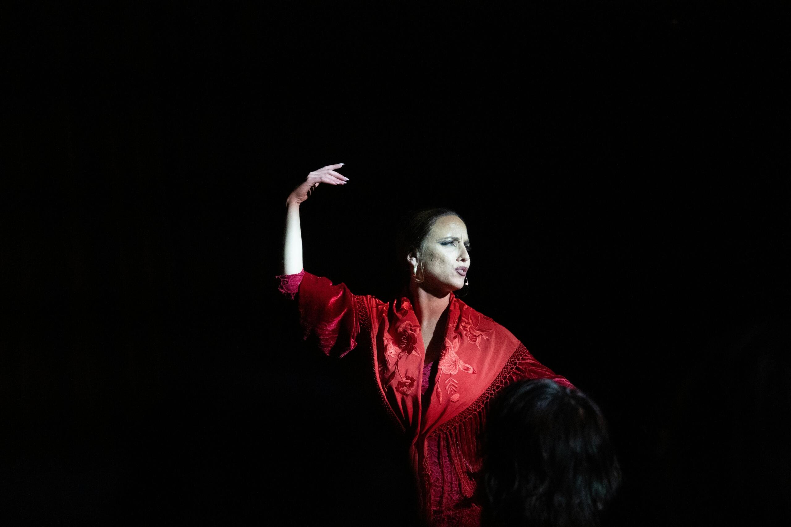 Una mujer con un vestido rojo baila con elegancia en un ambiente con poca luz, creando una silueta impresionante.