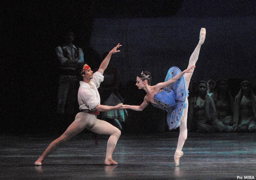 Un bailarín y una bailarina de ballet adoptan una pose elegante en el escenario; la bailarina, con un tutú azul, extiende la pierna hacia arriba.