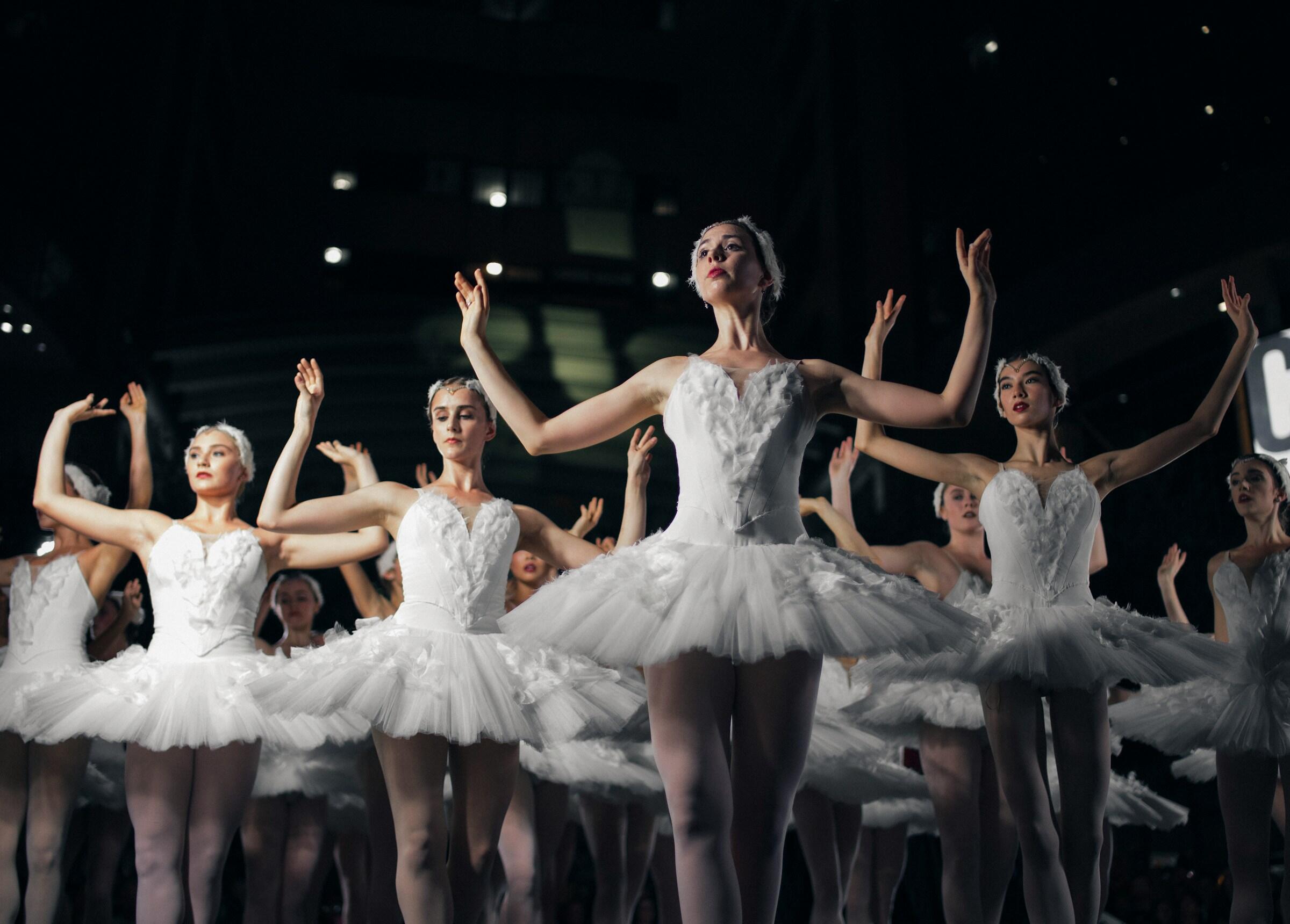 Un cuerpo de baile formado por varias bailarinas vestidas con tutús blancos clásicos y tocados de plumas, interpretando una sincronizada pose con los brazos elevados sobre un escenario con iluminación dramática, representativo del ballet clásico El lago de los cisnes.