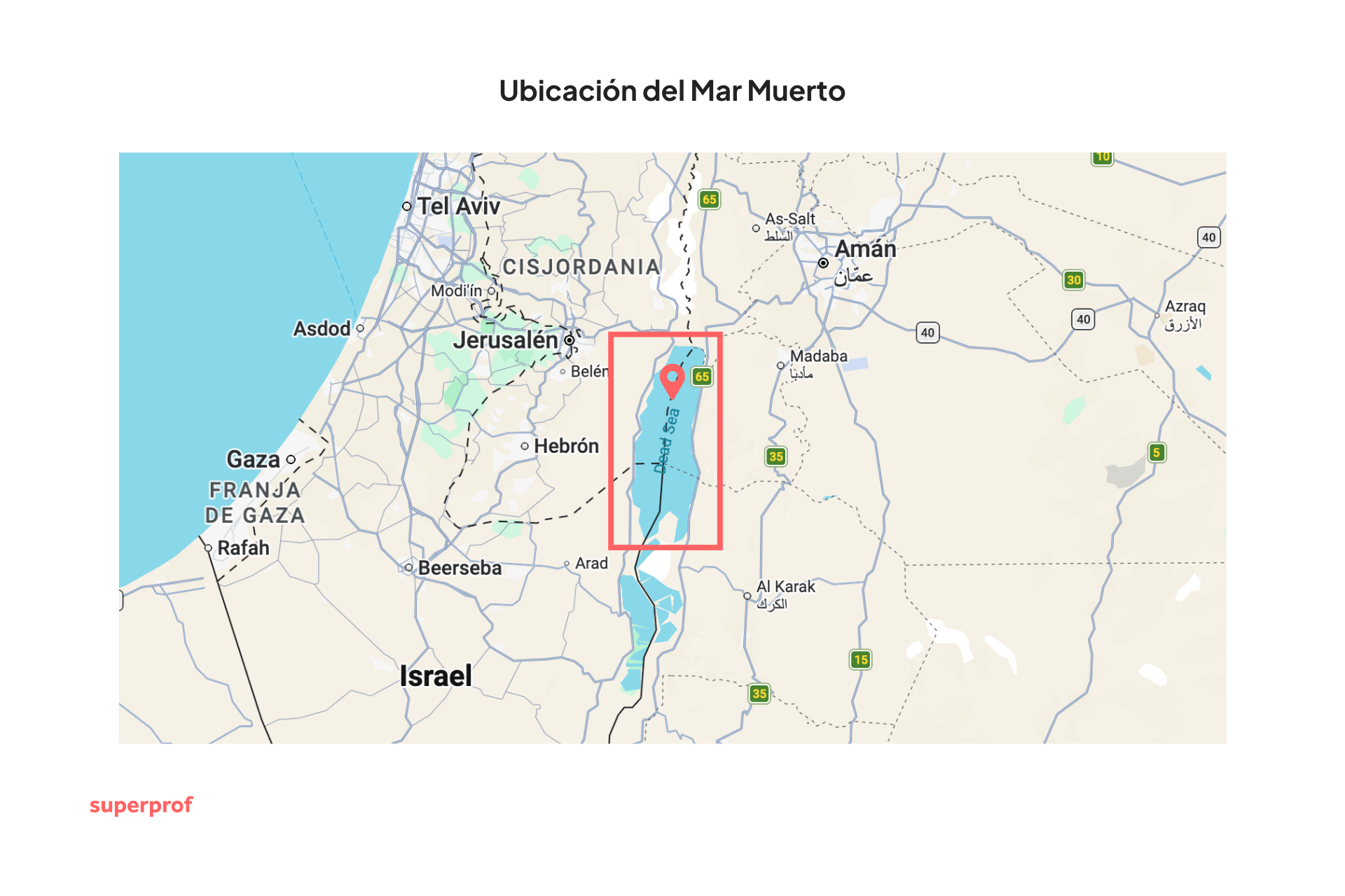 Mapa en el que se muestran Israel y Jordania, con un marcador rojo cerca de la zona del Mar Muerto que destaca dicha región. Aparecen indicadas ciudades como Jerusalén y Amán.