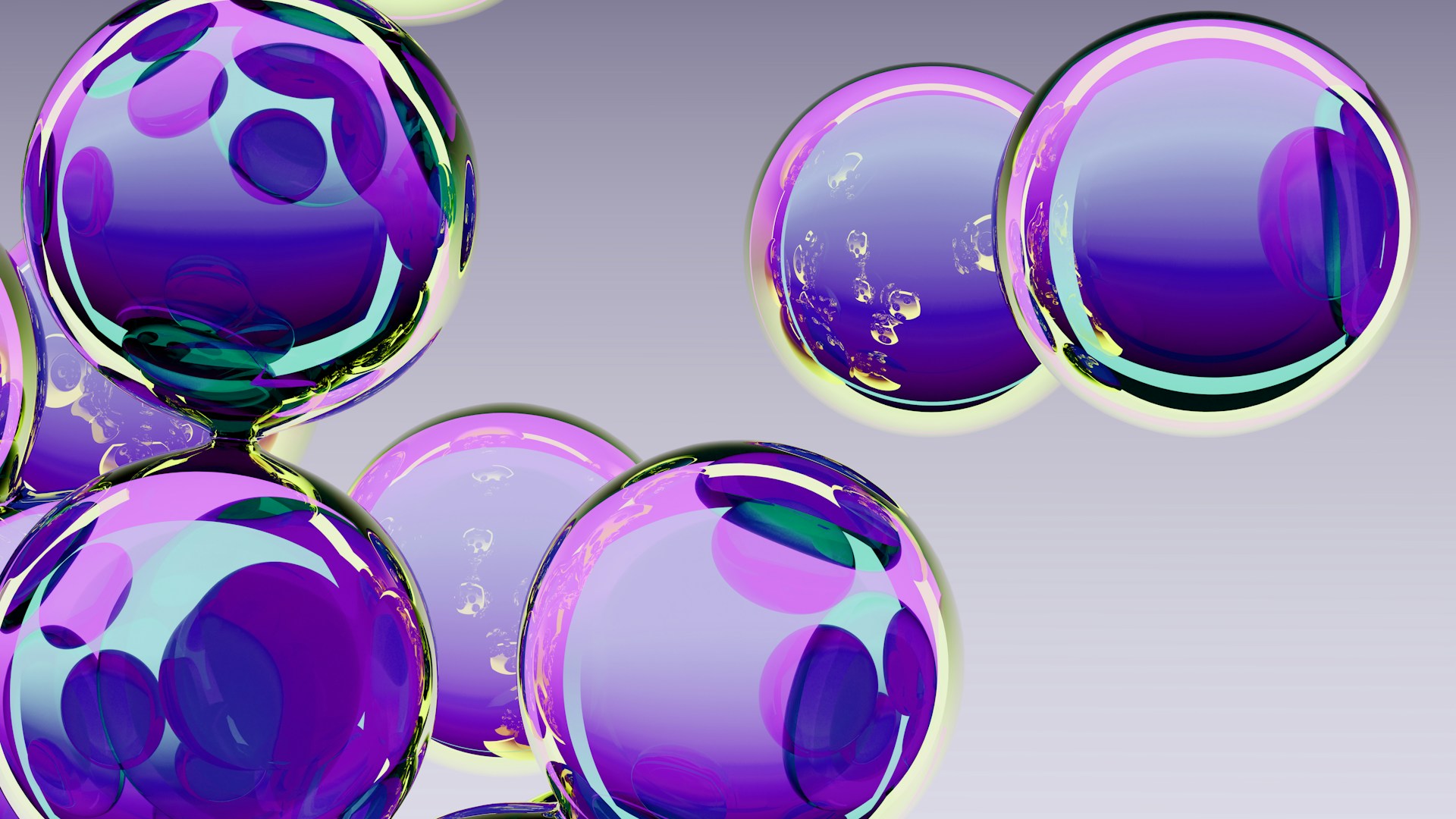 Imagen abstracta de burbujas brillantes e iridiscentes en tonos morados, azules y verdes. Las superficies lisas y reflectantes crean una atmósfera onírica y futurista.