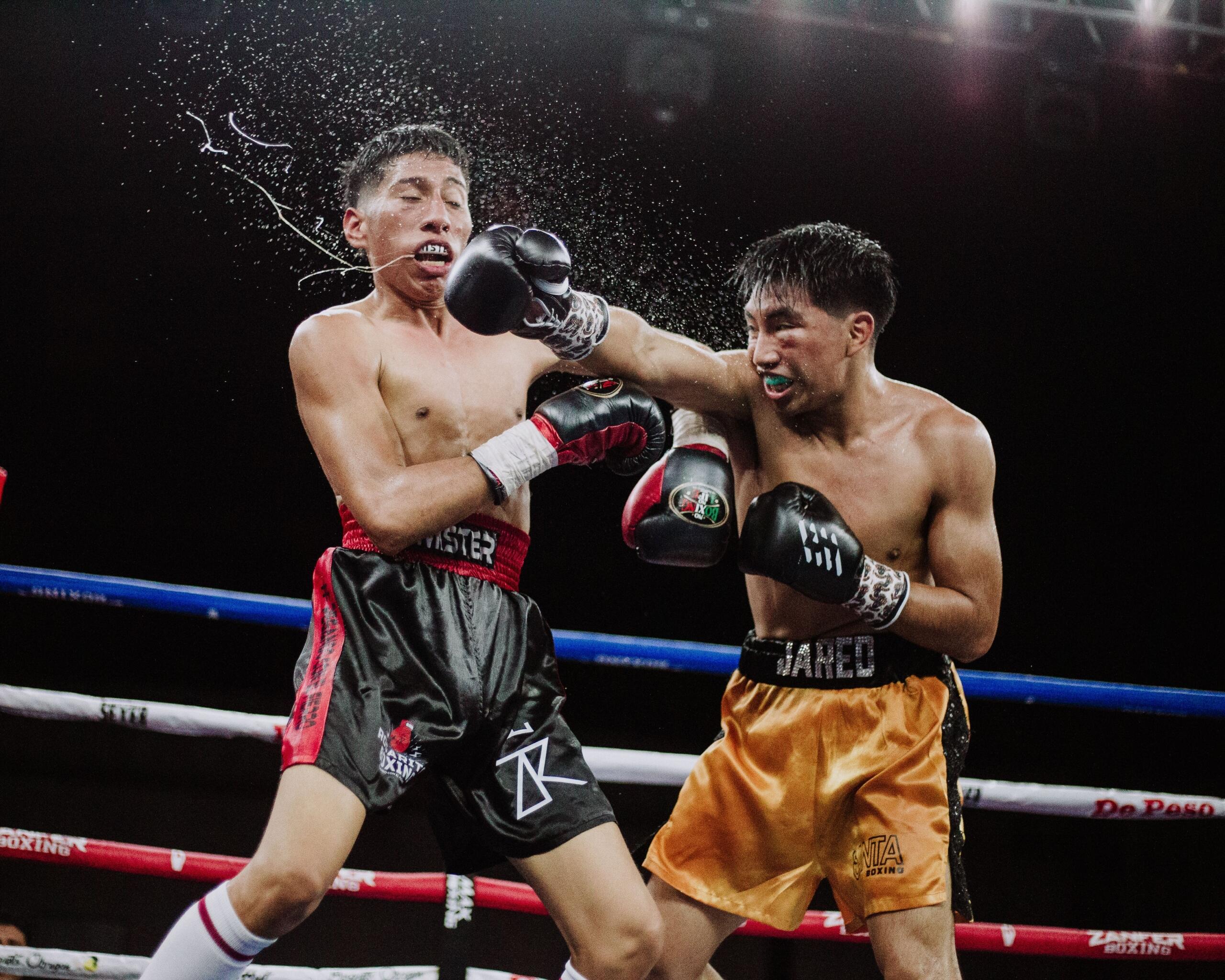 Dos boxeadores en un ring; el que lleva pantalones cortos dorados le asesta un puñetazo al que lleva pantalones cortos negros, a quien se le sale el protector bucal.