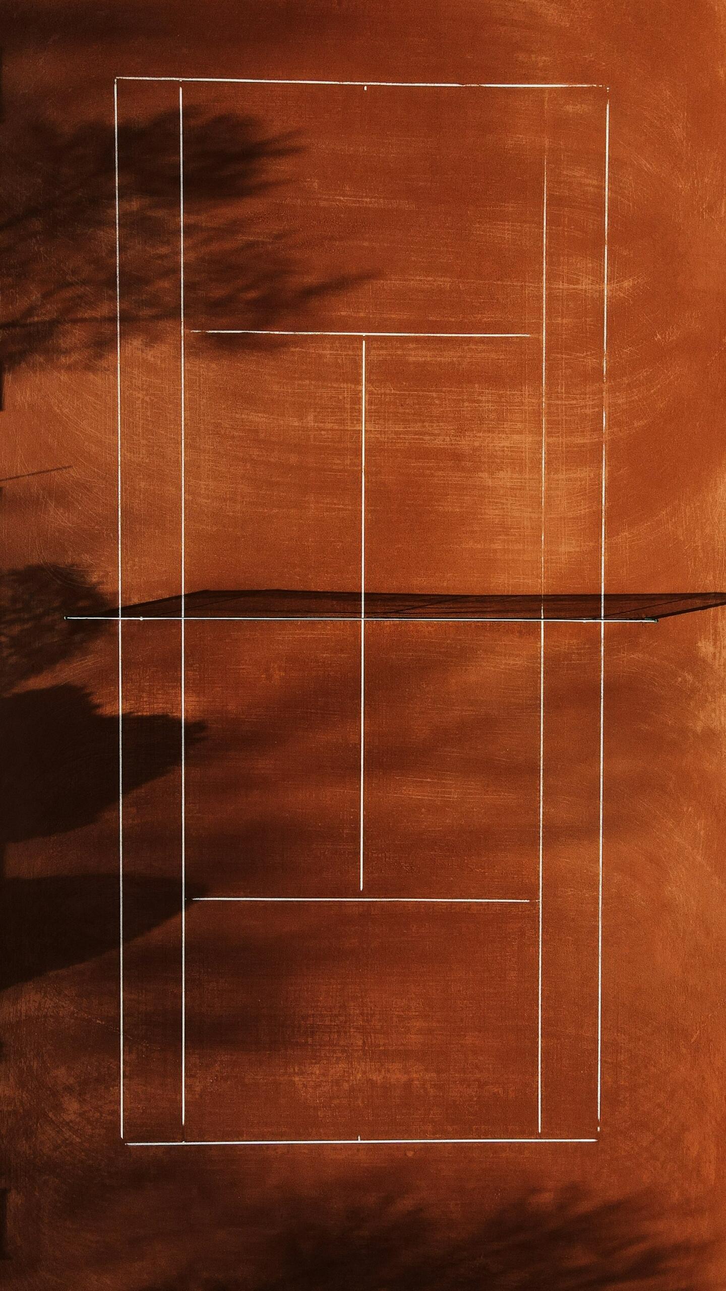 Pintura abstracta que representa una cancha de tenis con colores vibrantes y formas geométricas.
