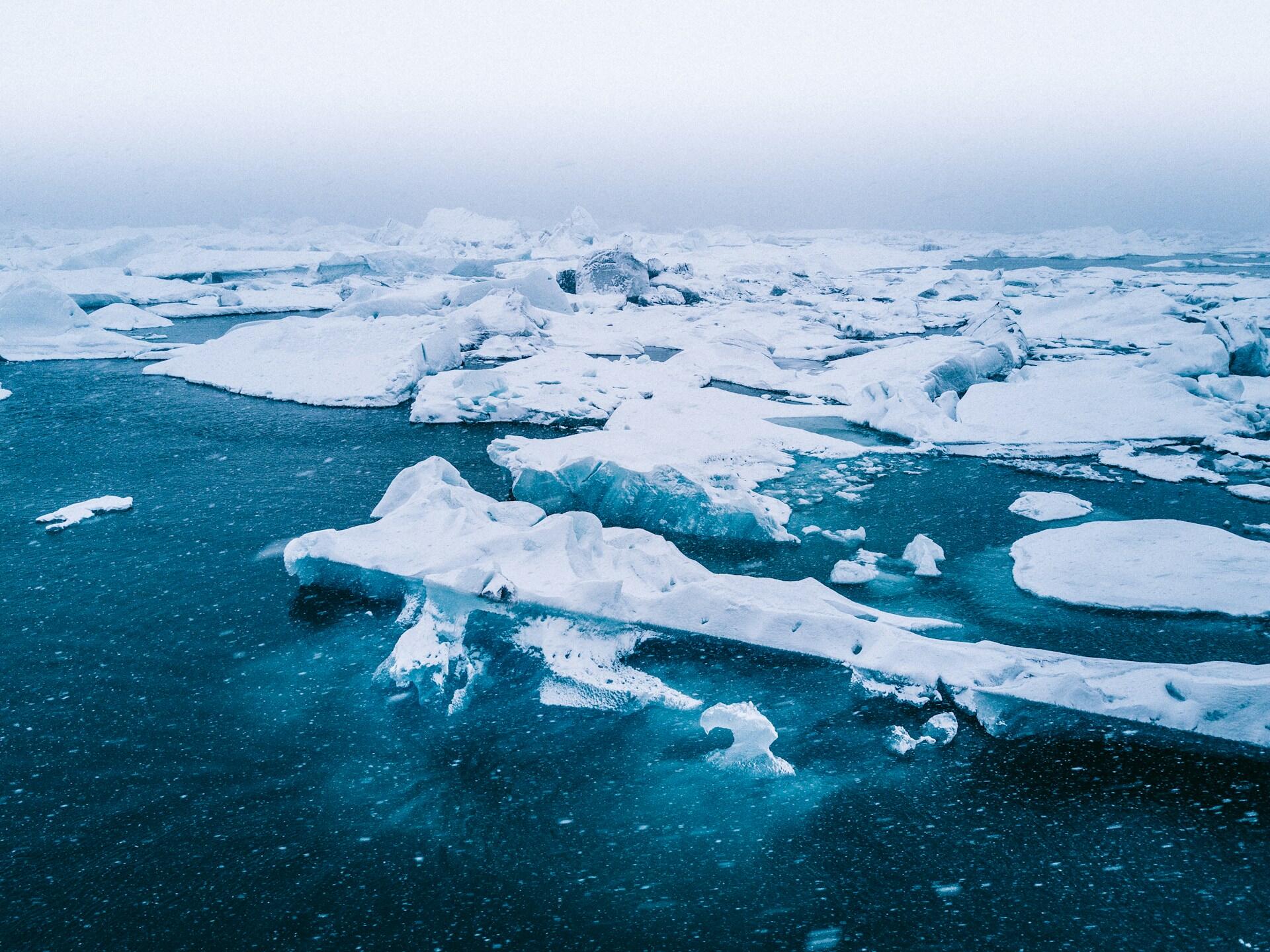 Un paisaje marino polar helado, con témpanos de hielo de un blanco brillante y icebergs esculpidos que flotan a la deriva sobre aguas de un turquesa intenso, bajo un cielo brumoso y sereno.