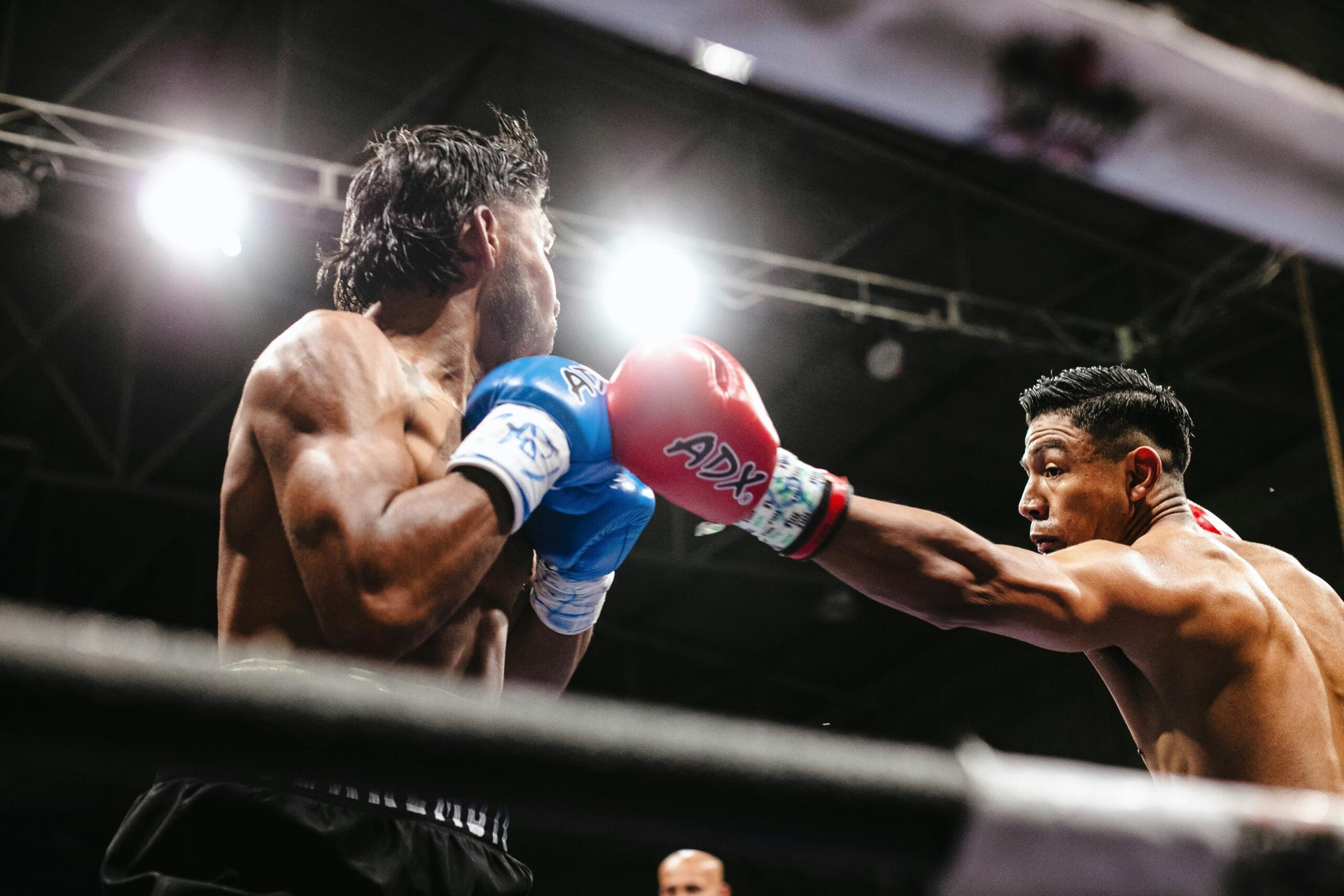 Dos boxeadores sin camiseta en un ring; uno lleva guantes azules y bloquea un puñetazo del otro, que lleva guantes rojos de la marca ADX y conecta un golpe en el ring.