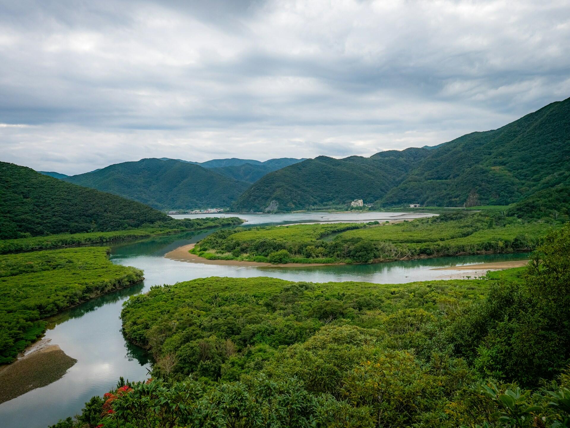 Un río de un verde exuberante que serpentea por los valles montañosos bajo un cielo nublado, con una densa vegetación y un paisaje sereno y tranquilo.