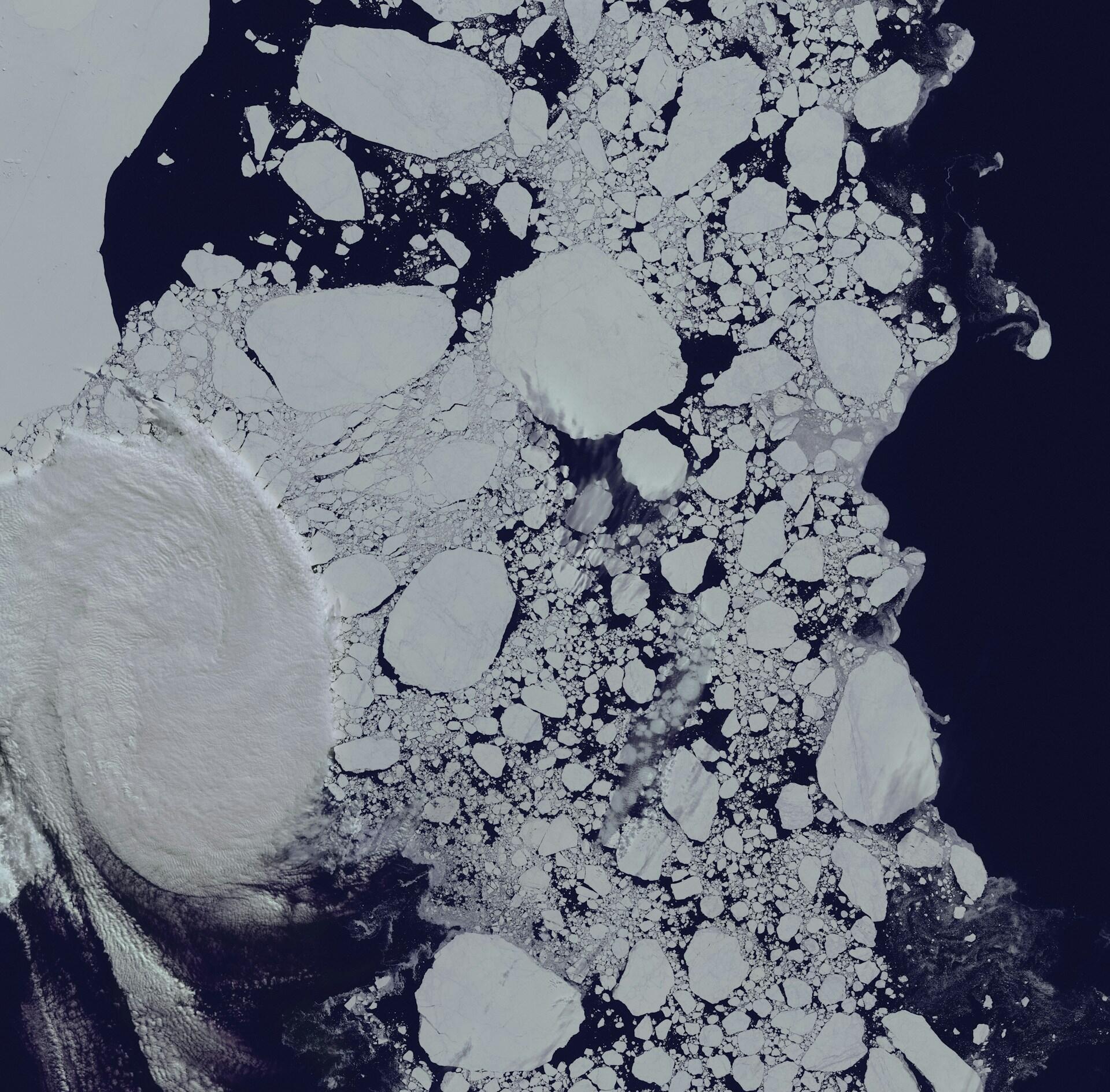 Imagen microscópica en escala de grises de una superficie rocosa y granular, con grandes piedras redondeadas y fragmentos finos sobre un fondo oscuro; tono marcado y con textura.