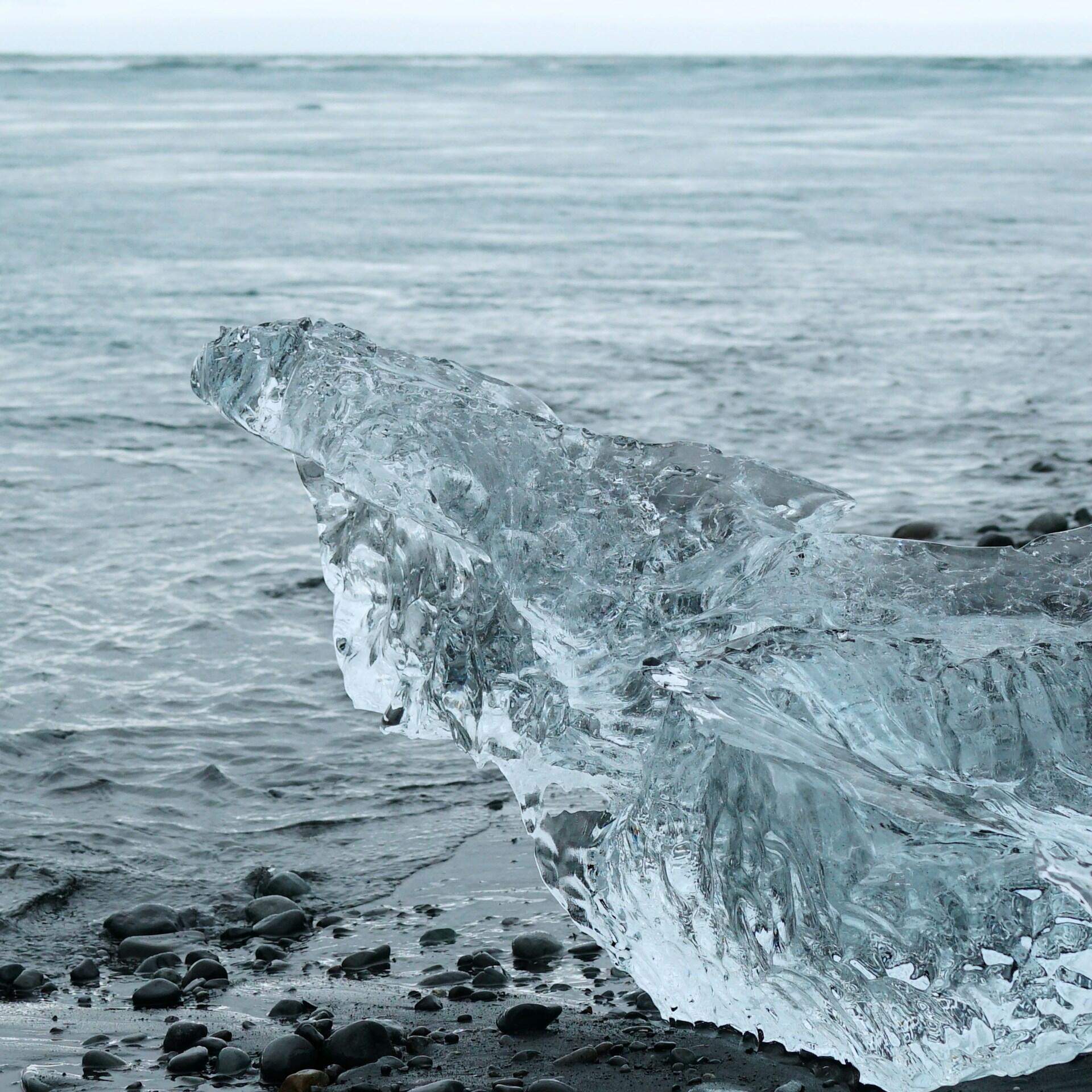 Formaciones de hielo cristalino sobresalen de una playa de guijarros negros junto a un océano tranquilo de color gris azulado, creando un paisaje costero sereno e invernal.