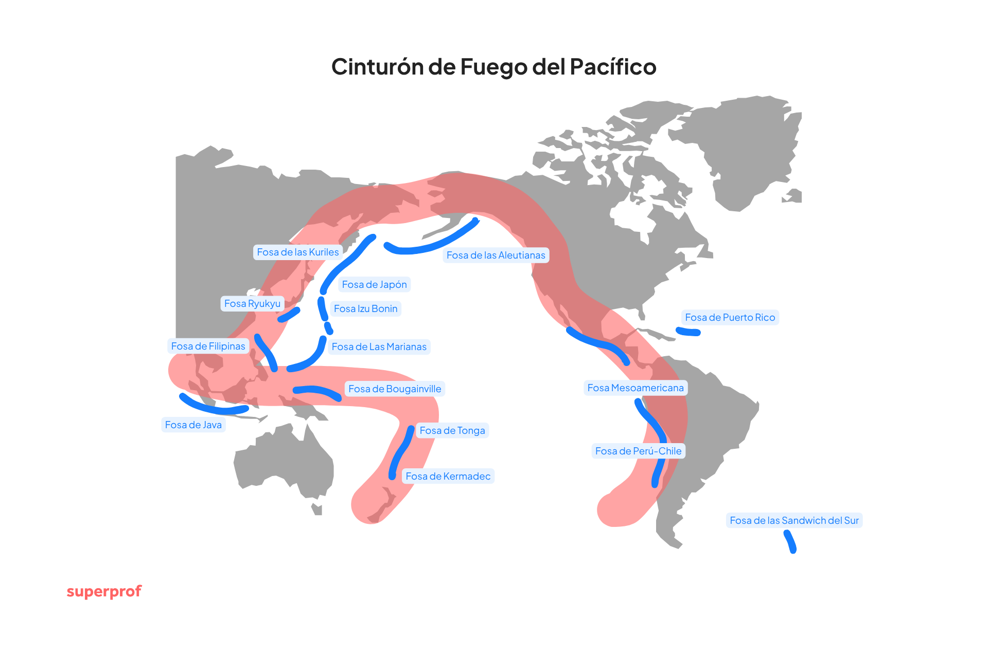Mapa educativo del Cinturón de Fuego del Pacífico, con fosas oceánicas, volcanes y límites tectónicos alrededor del océano.