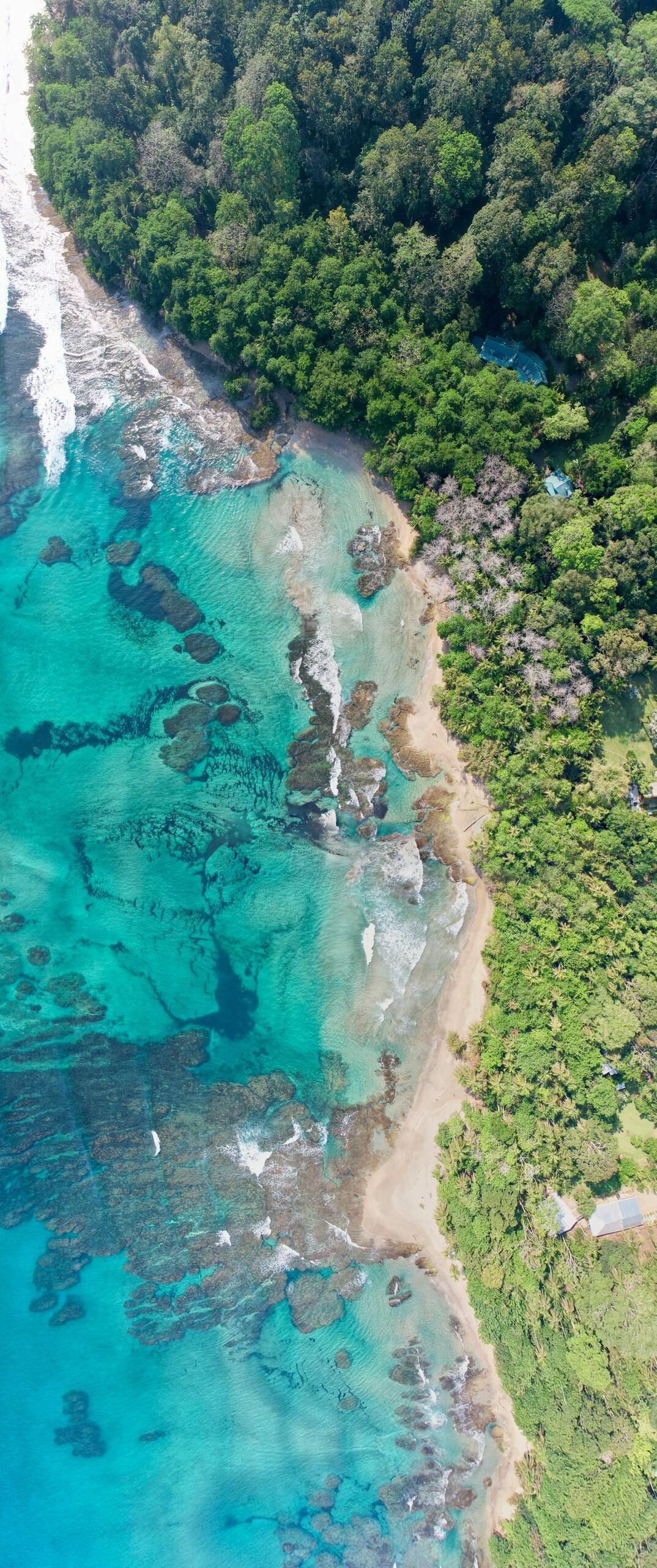 Vista aérea de aguas tropicales de color turquesa, arrecifes de coral, una costa rocosa y un frondoso bosque verde que crean un tranquilo paisaje costero.