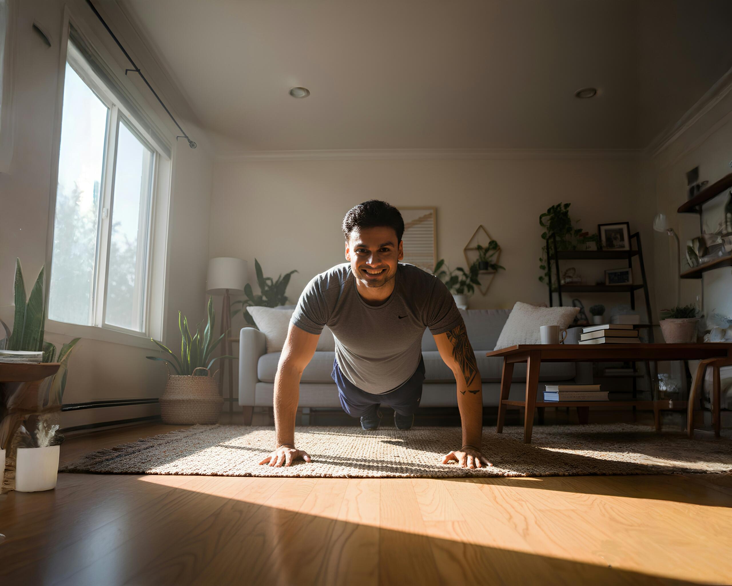 Un hombre sonriente con una camiseta gris hace ejercicio en un salón bañado por la luz del sol, manteniendo la postura de plancha con las piernas abiertas sobre una alfombra.