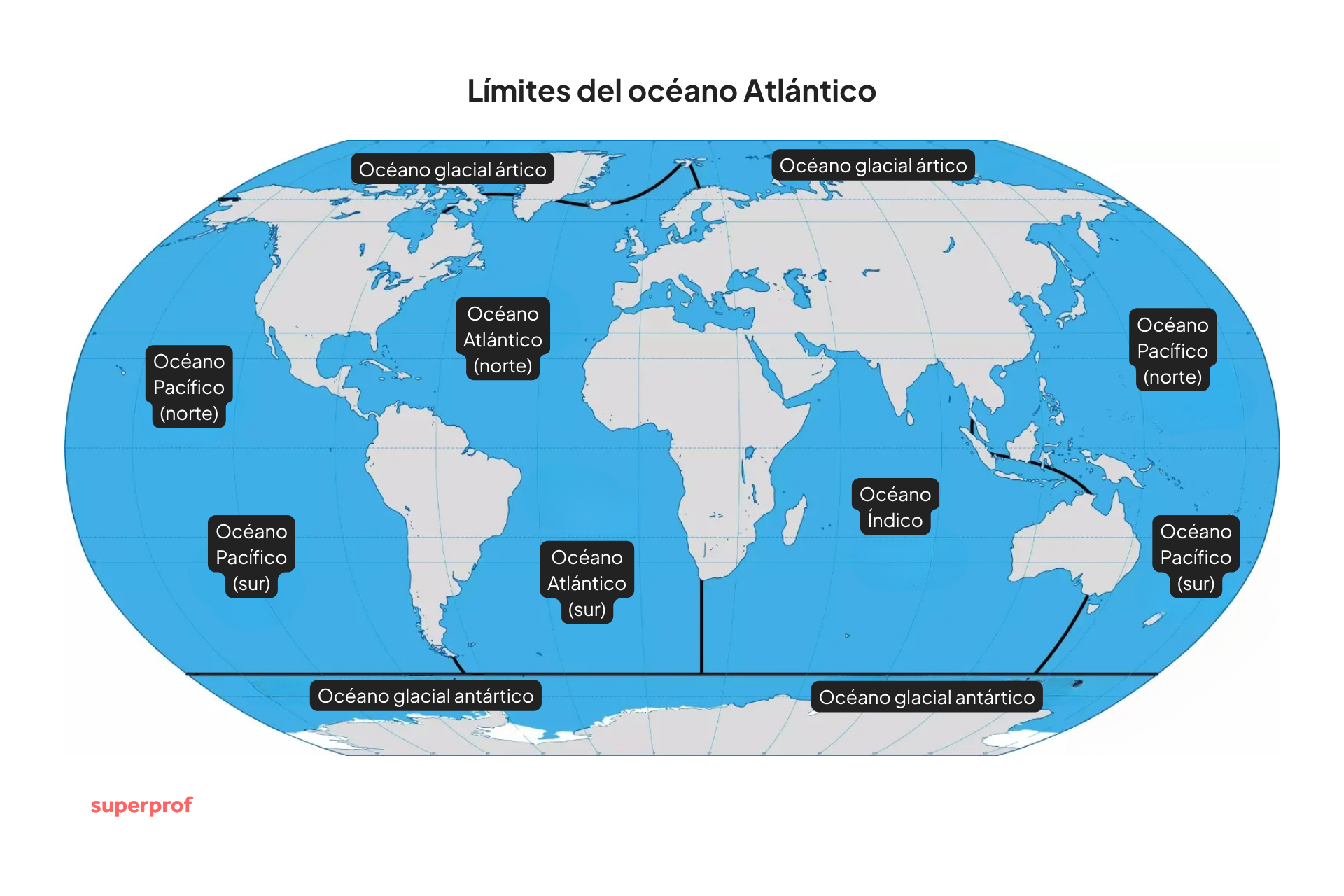 Mapa mundial en proyección ovalada, con continentes azules y océanos rotulados en español; transmite un tono educativo y geográfico.