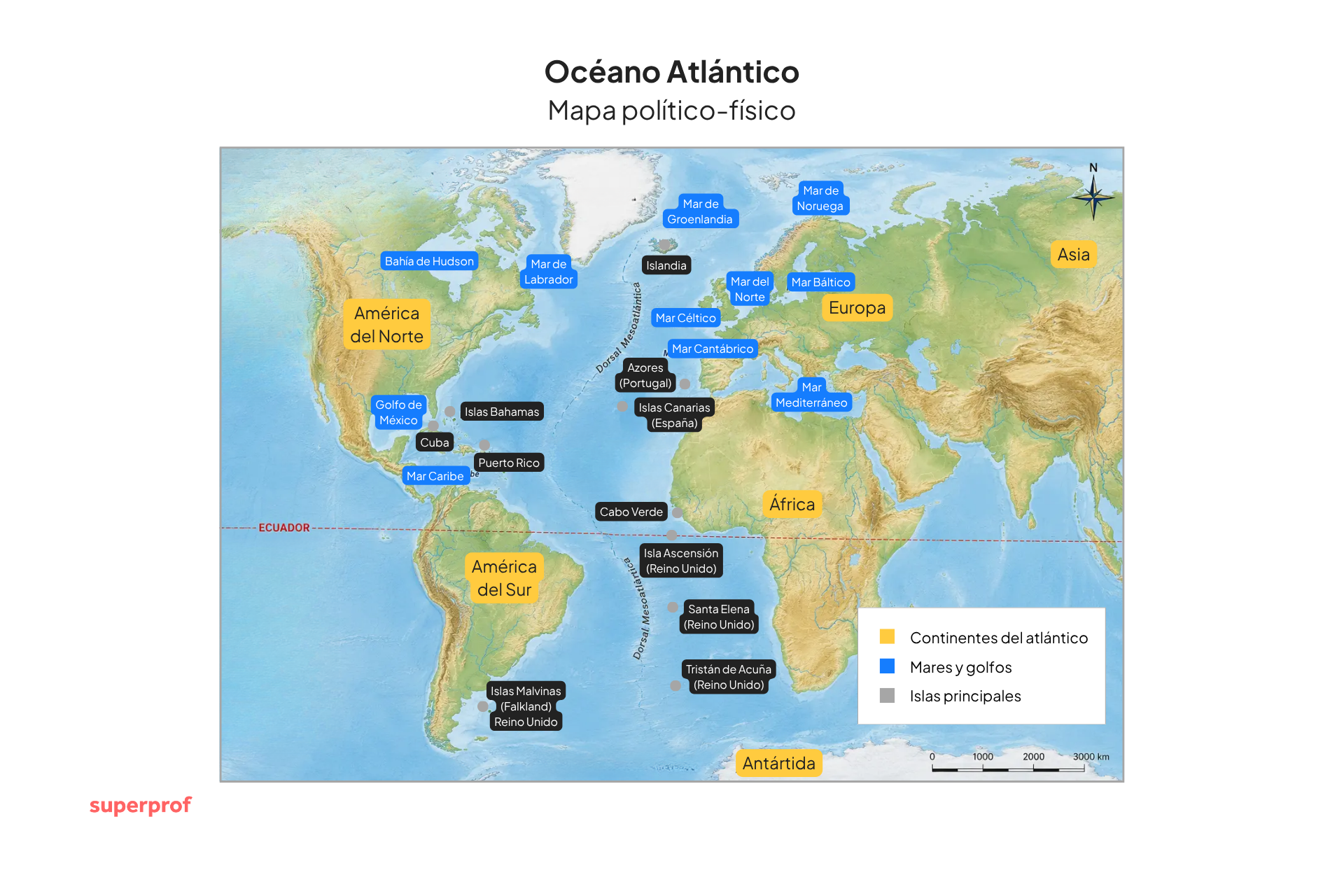 Mapa político-físico del océano Atlántico: América, Europa y África, países, costas, islas, corrientes marinas y principales rutas náuticas.