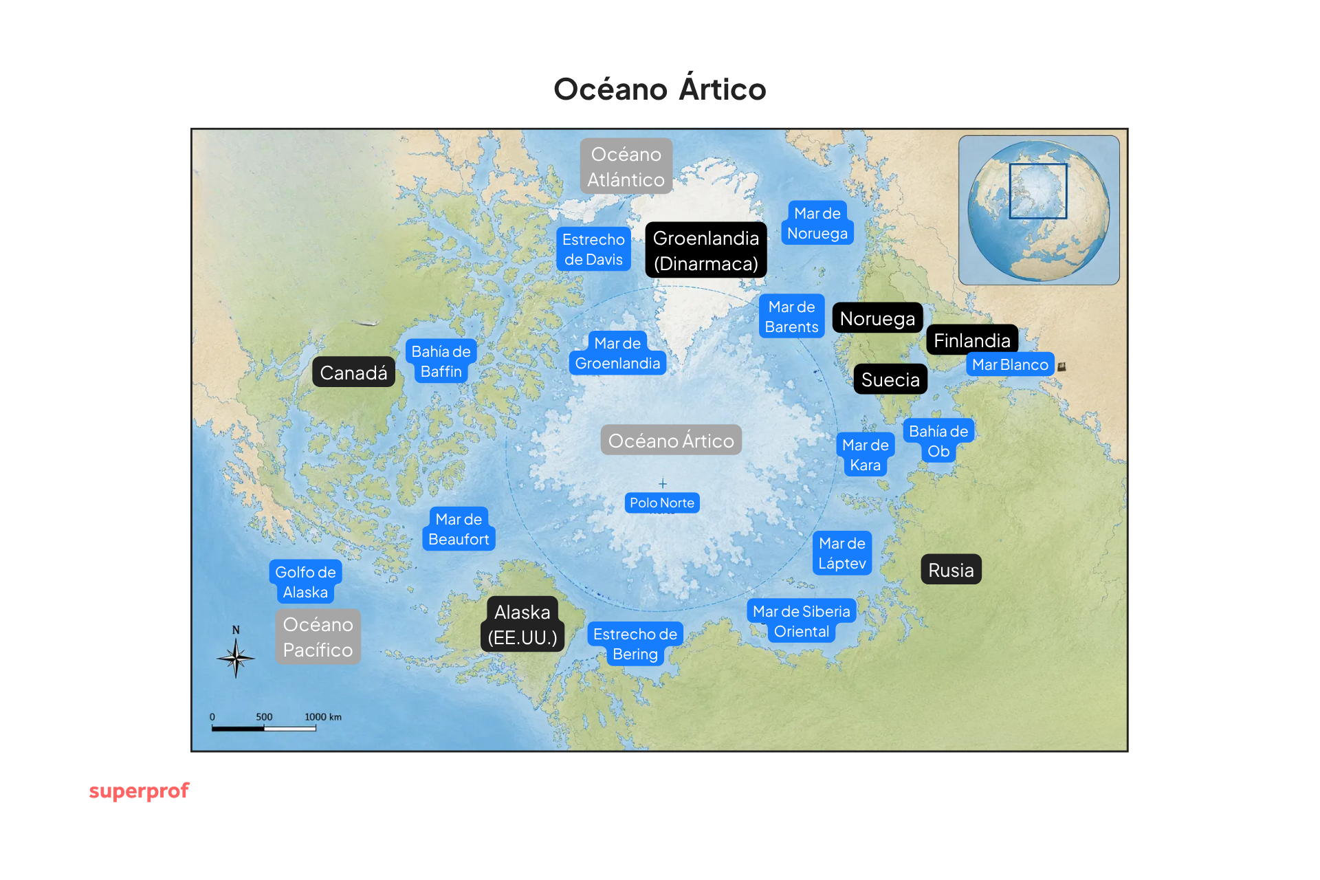 Mapa físico-político del Océano Ártico, con Canadá, Alaska, Groenlandia, Rusia y los países nórdicos, mares, rutas y el Polo Norte.