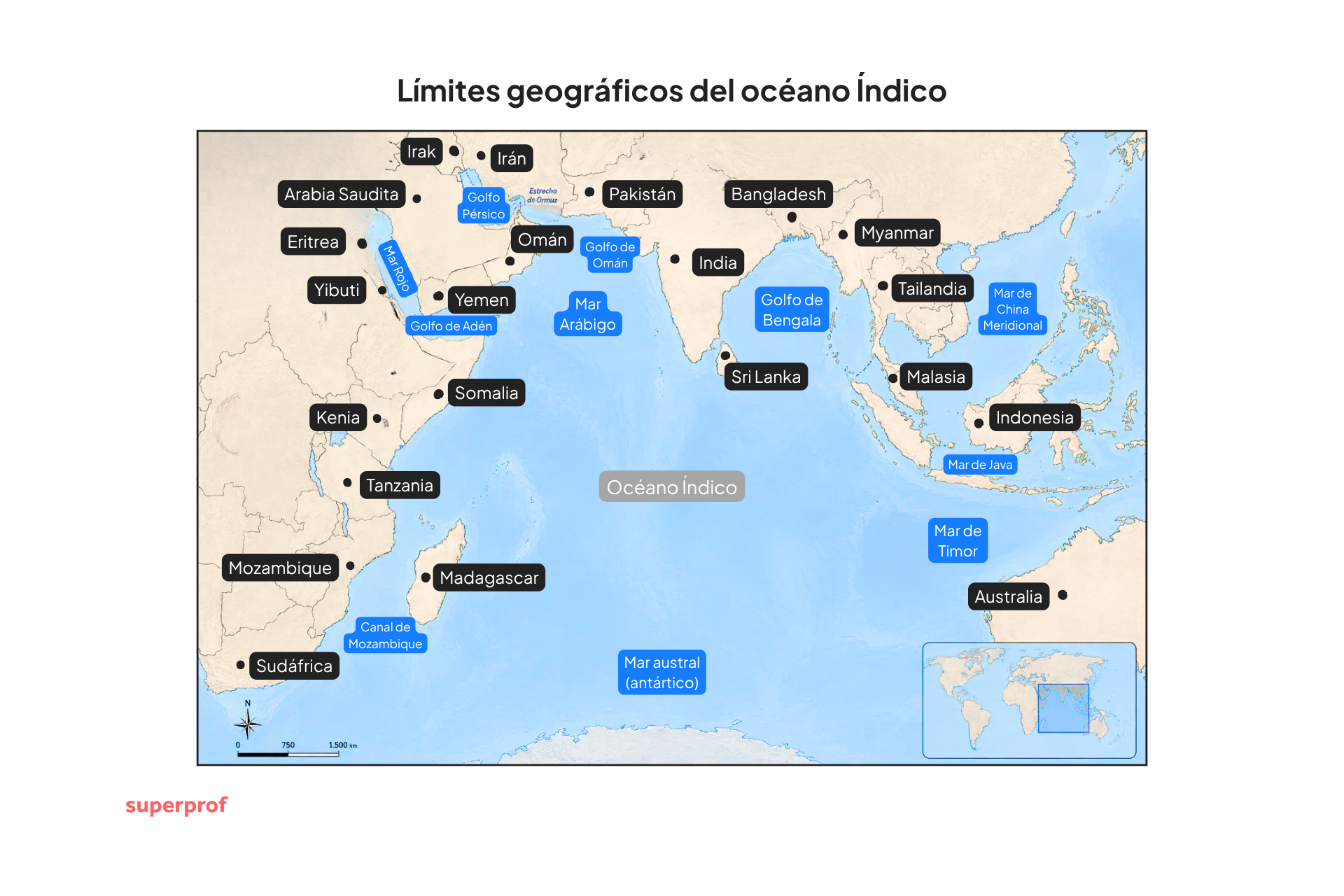 Mapa del océano Índico con África, Asia, India, Australia y Madagascar; muestra mares, golfos, islas, países y rutas marítimas en azul.