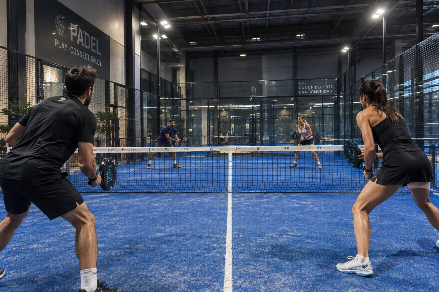 Cuatro jugadores compiten en un partido de pádel de dobles en una pista cubierta de color azul.