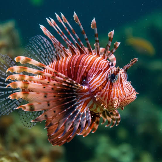 Un colorido pez león rojo y blanco, con llamativas aletas y espinas rayadas, nada a través de un arrecife de coral de color verde azulado, creando una exótica escena submarina.