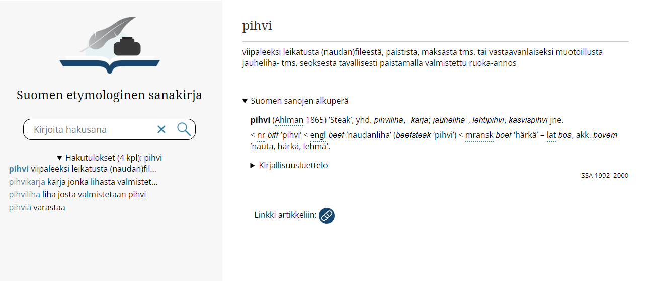 Pihvi-sana-artikkeli Suomen etymologisessa sanakirjassa
