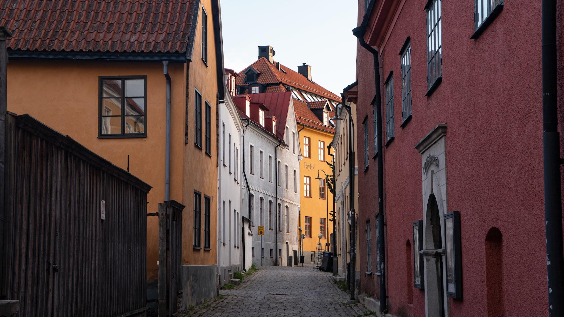 Vanhojen rakennusten ympäröimä kapea katu Visbyssä