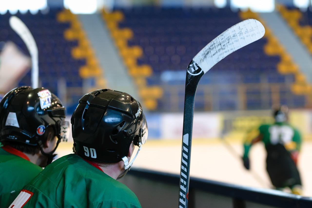 Jääkiekkopelaajia seuraamassa peliä vaihtopenkiltä