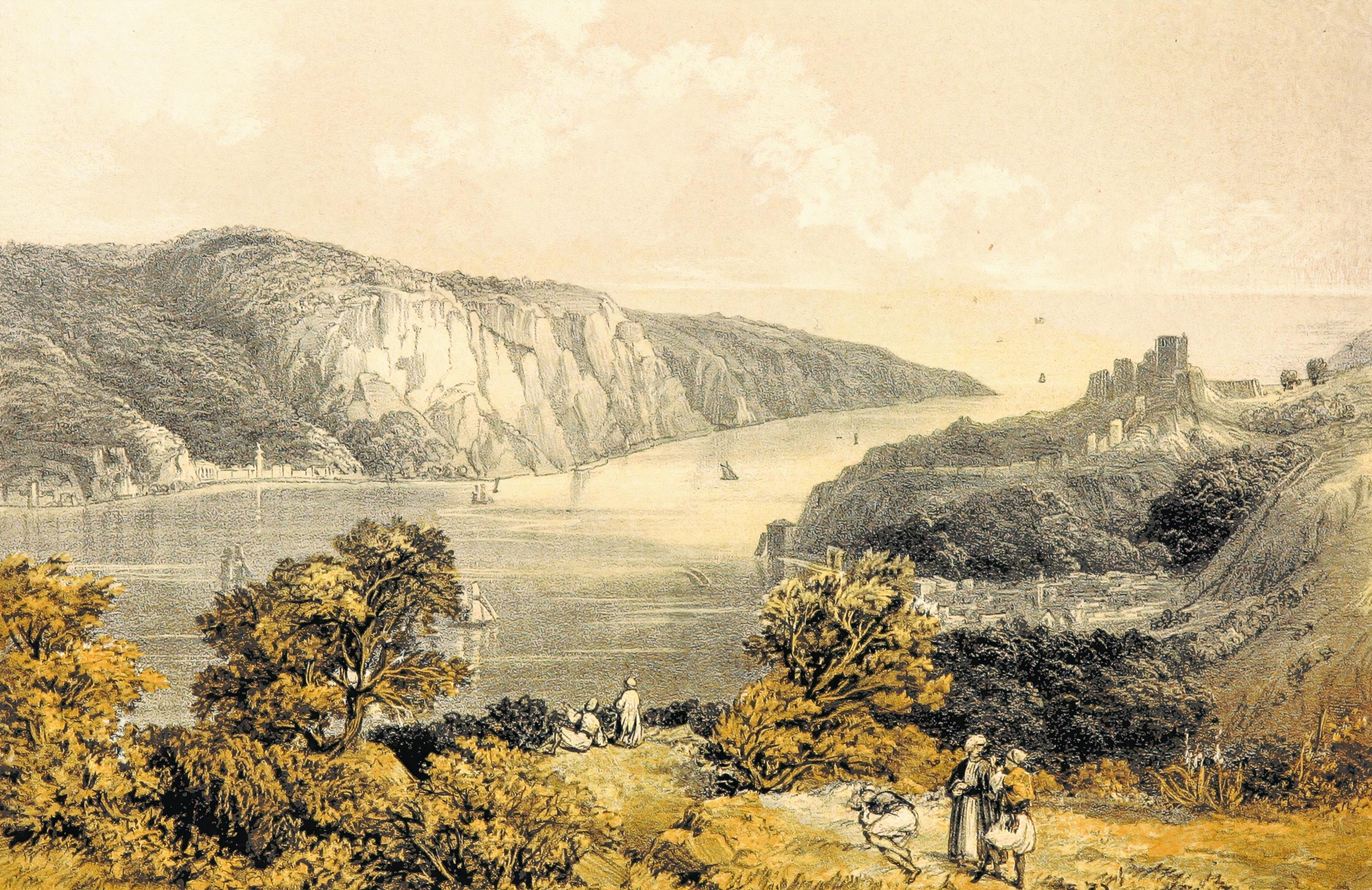 Piirroskuva veden äärellä olevasta kaupungista ja luonnosta