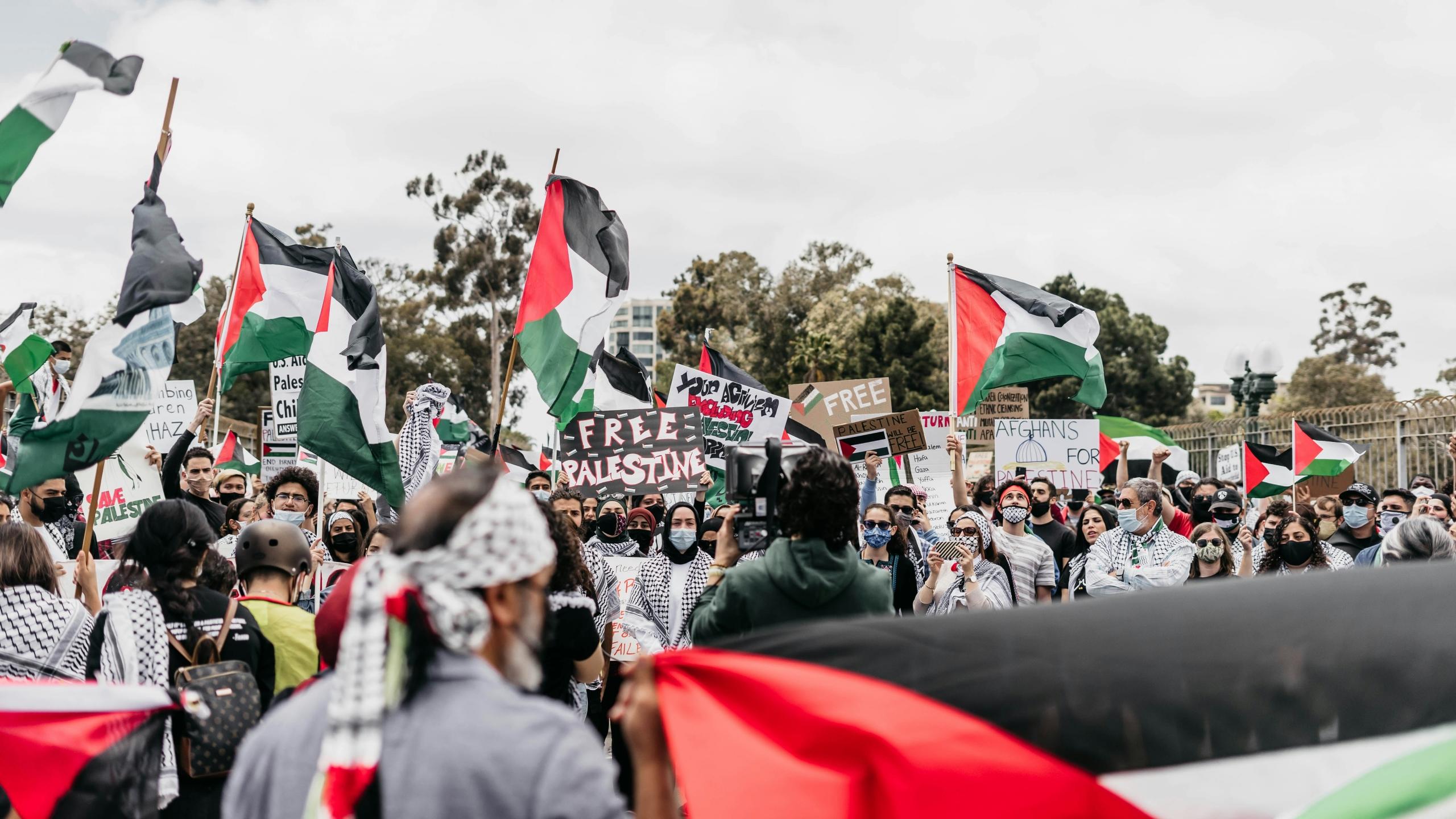Ihmisiä protestoimassa Palestiinan lippujen ja kylttien kanssa