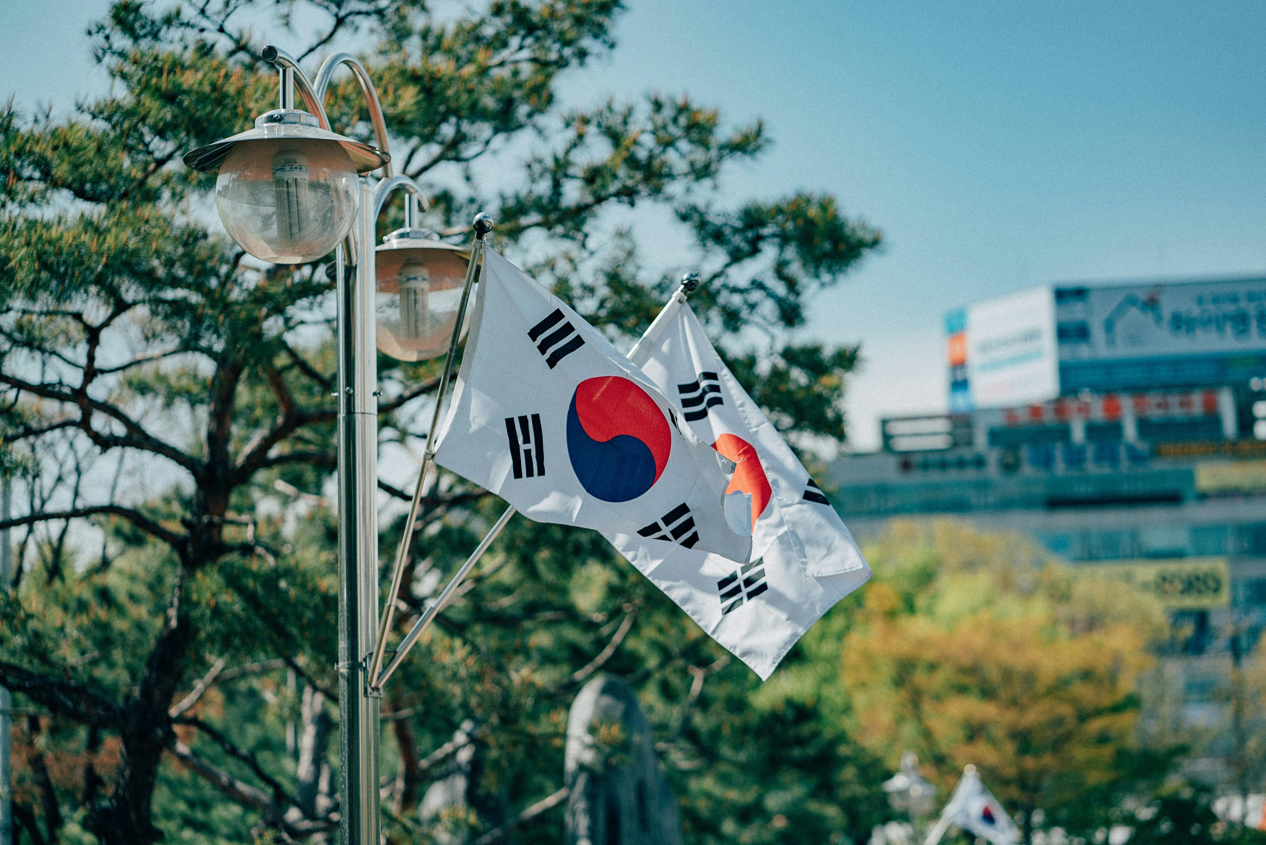 Kaksi Etelä-Korean lippua lyhtypylväässä