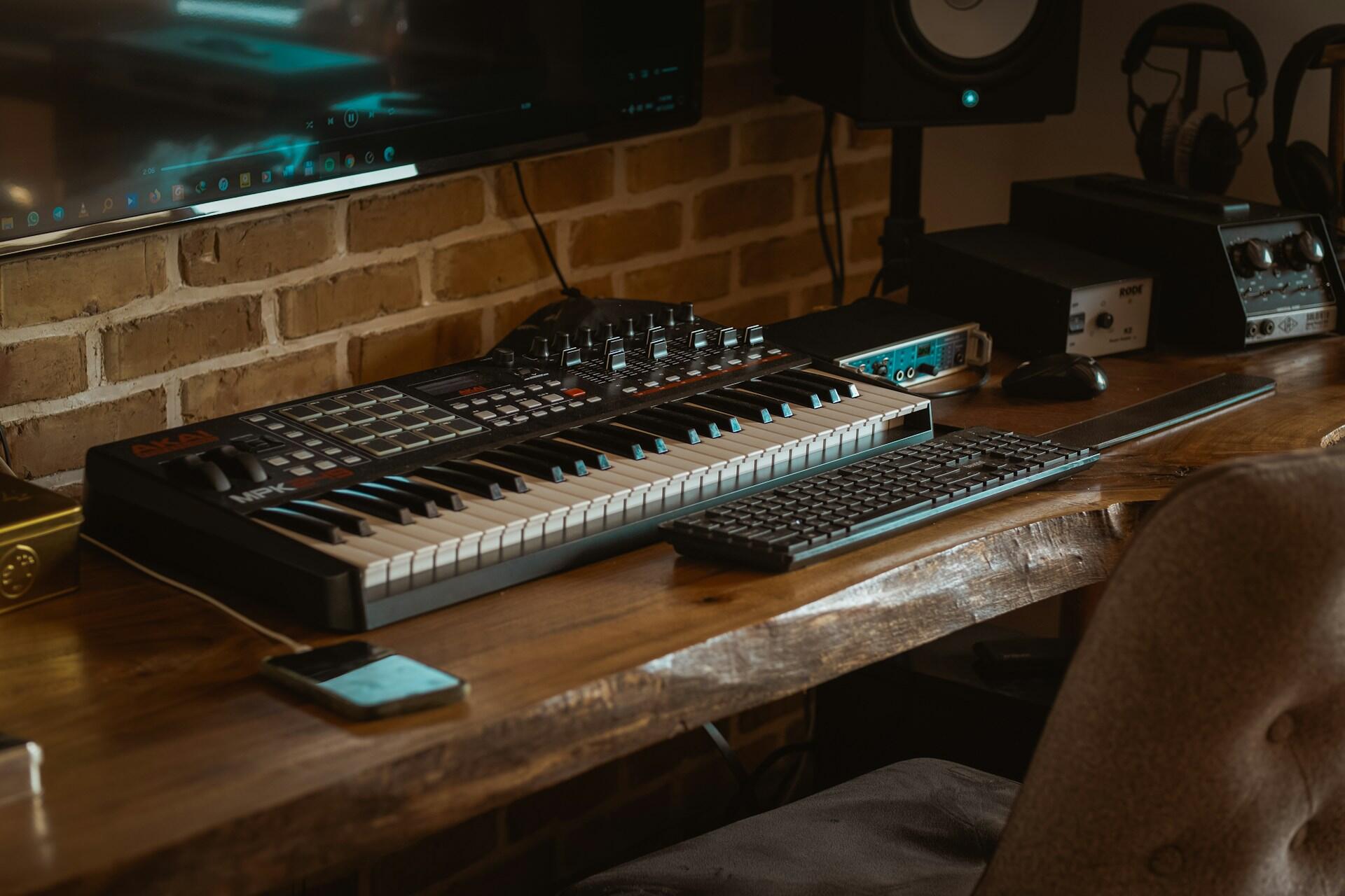 Musiikkilaitteita tummalla puupöydällä