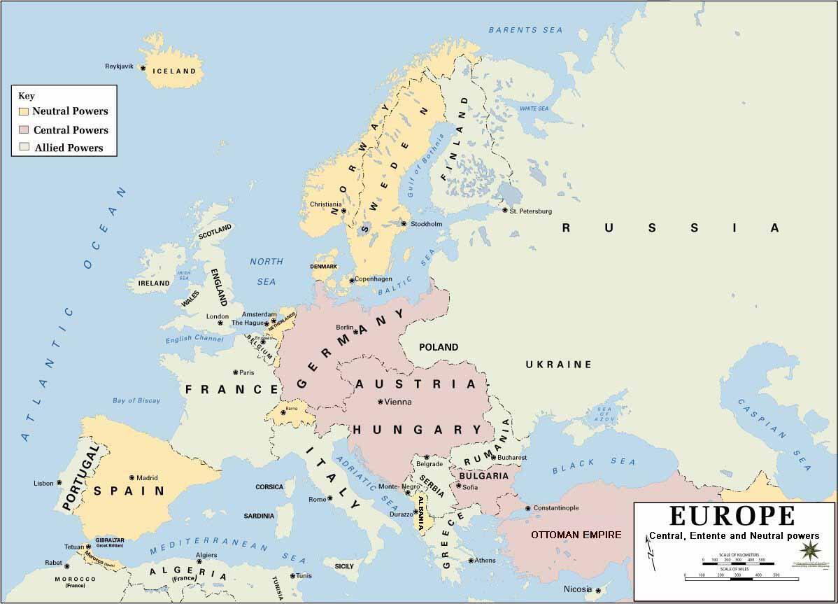 Euroopan kartta ensimmäisen maailmansodan alussa