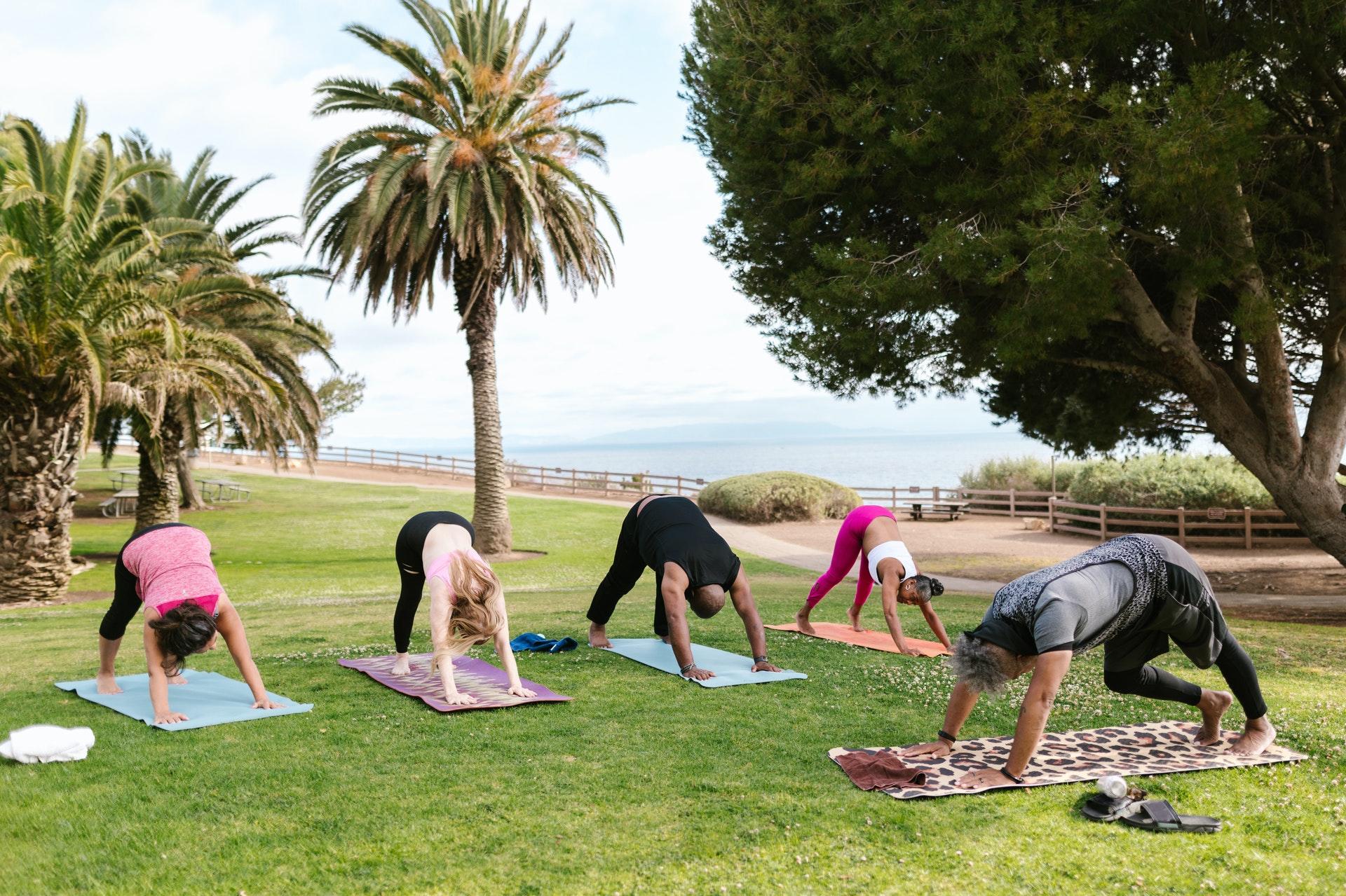 Mensen doen aan yoga lessen in een park