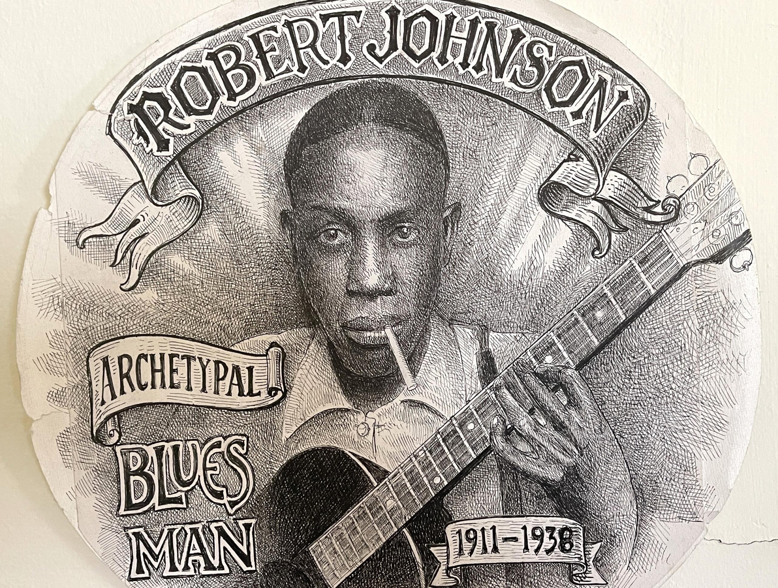 Illustratie van bluesgitarist Robert Johnson met gitaar | Bron: Thomas Wilson, via Wikimedia Commons