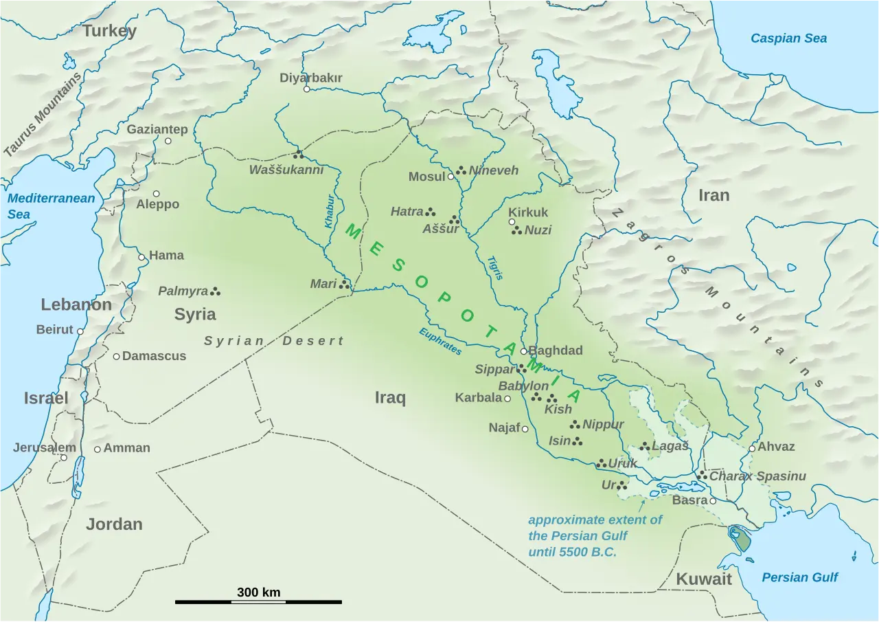 Kaart van Mesopotamië met de Tigris en Eufraat, oude steden en huidige landsgrenzen | Bron: Goran tek-en, via Wikimedia Commons.