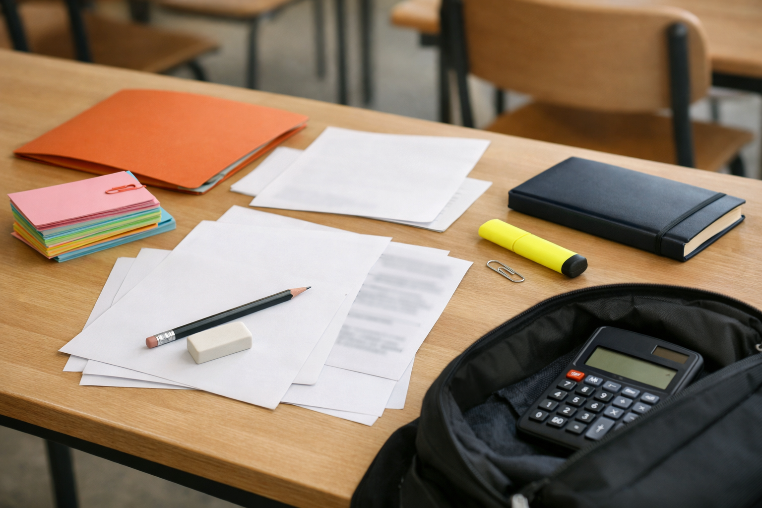Exemples de sujets de brevet de français posés sur une table de salle de classe.