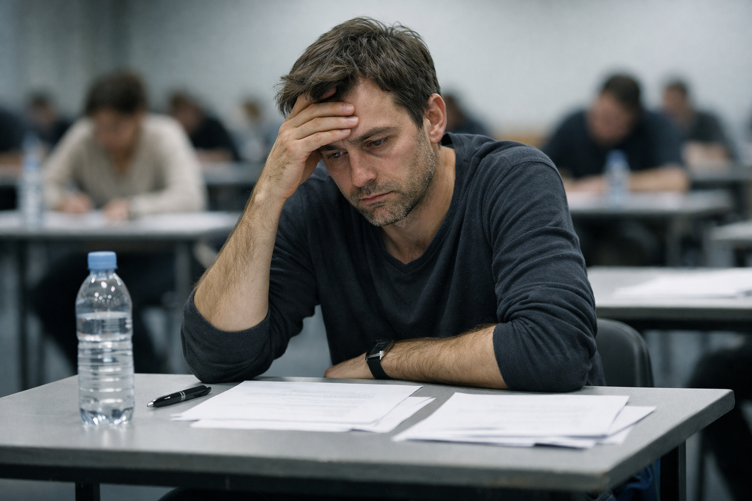 Homme assis dans une salle d'examen passant le CAPES et semblant fatigué. 