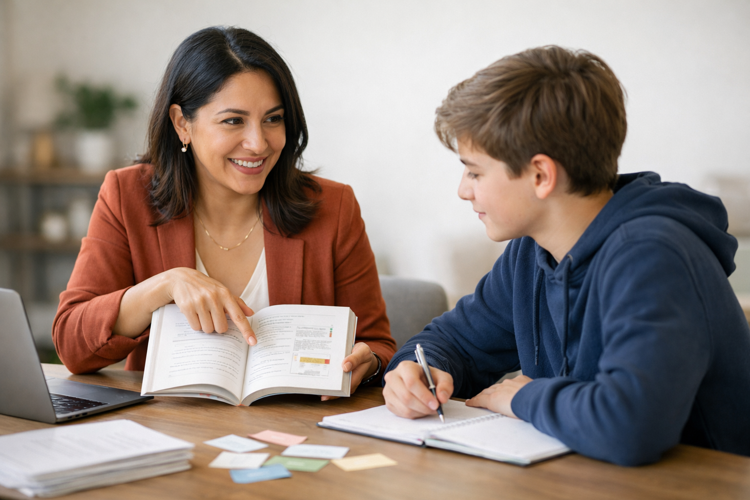 Photo d'une prof d'espagnol à domicile enseignant à un collégien