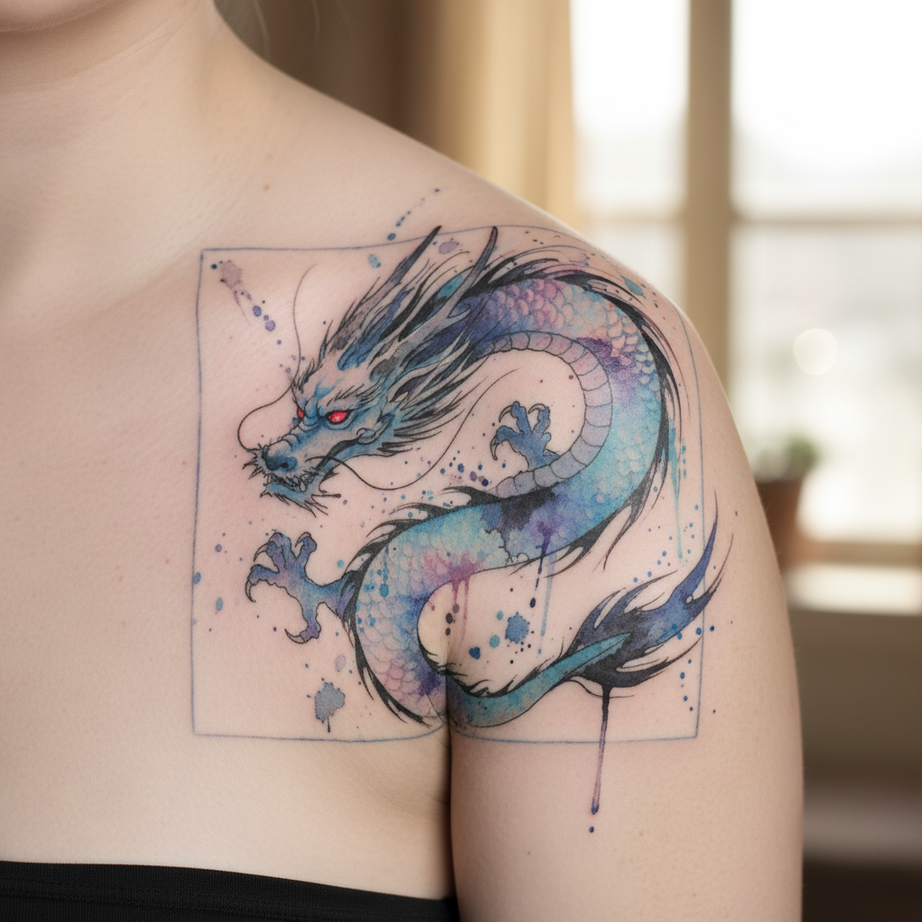Photo d'un tatouage de dragon style watercolor réalisé avec Nano Banana sur l'épaule d'une jeune femme.