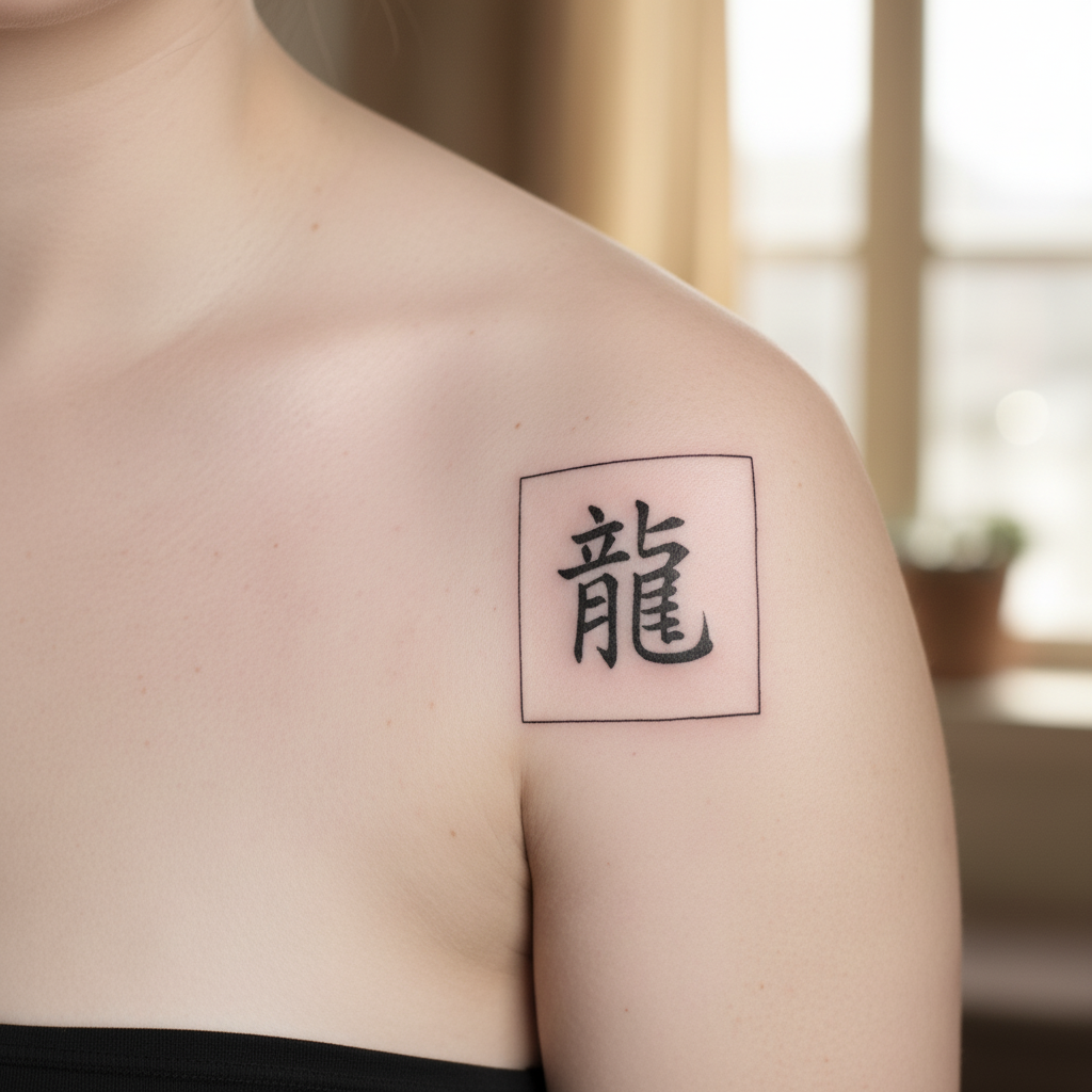 Photo d'un tatuage d'un signe chinois signifiant dragon sur l'épaule d'une jeune femme réalisé avec Nano Banana