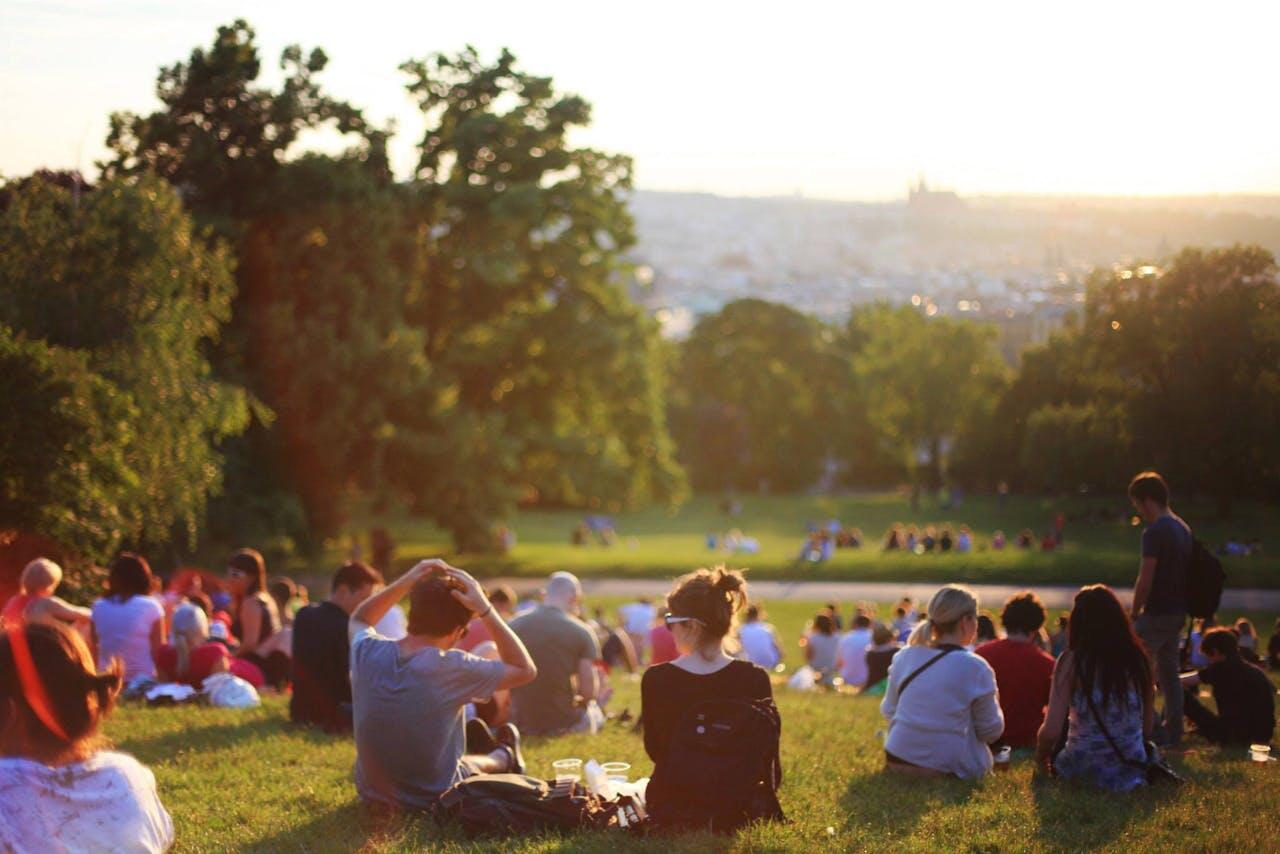Personnes de dos assises sur la pelouse au coucher du soleil.