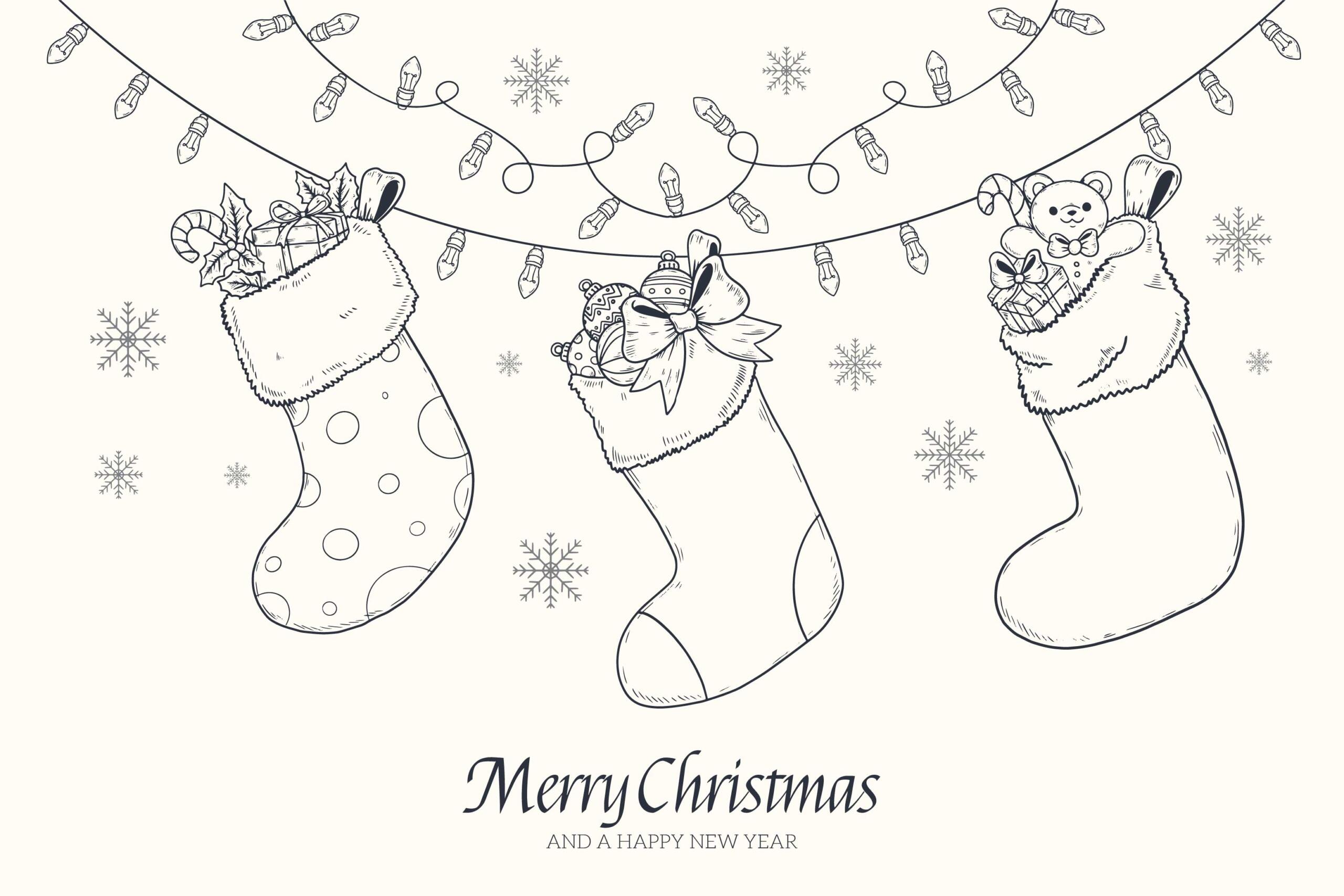 Dessin de chaussettes de Noël suspendues. 