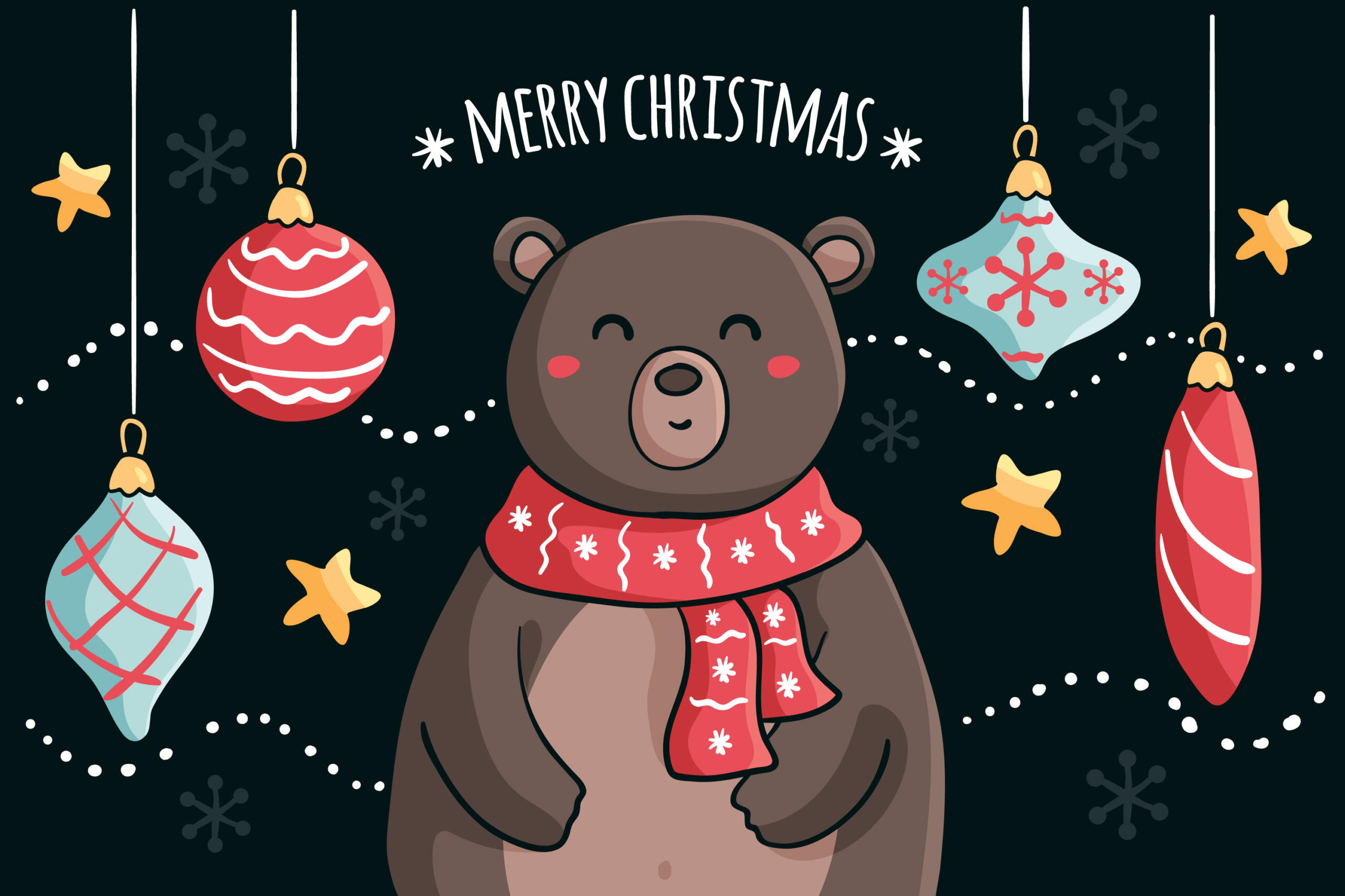 Un ours avec une écharpe rouge autour du cou. 