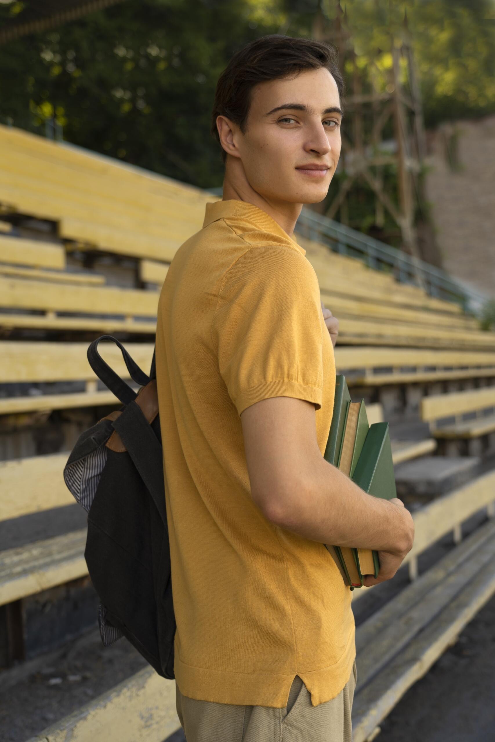 Jeune homme qui porte un polo et des livres de cours