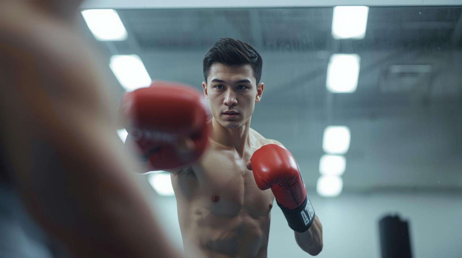 Boxeur, gants aux poings, pratiquant devant un miroir