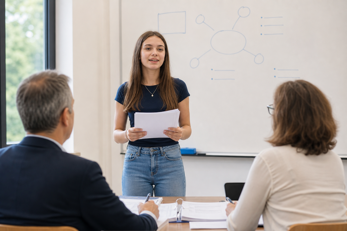 Une jeune femme présente son Grand Oral devant le jury.